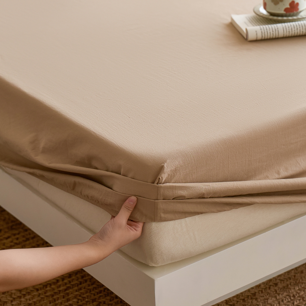 91家纺网 家纺一手货源 找家纺 轩和家居 2025新款全棉高支旧感砂洗长绒棉单床笠 秋麦色