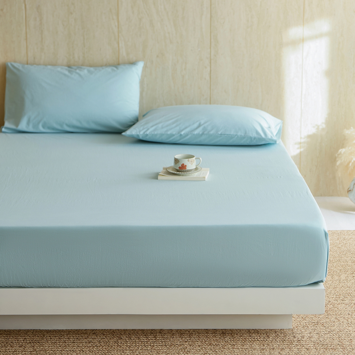 91家纺网 家纺一手货源 找家纺 轩和家居 2025新款全棉高支旧感砂洗长绒棉单床笠 松石绿