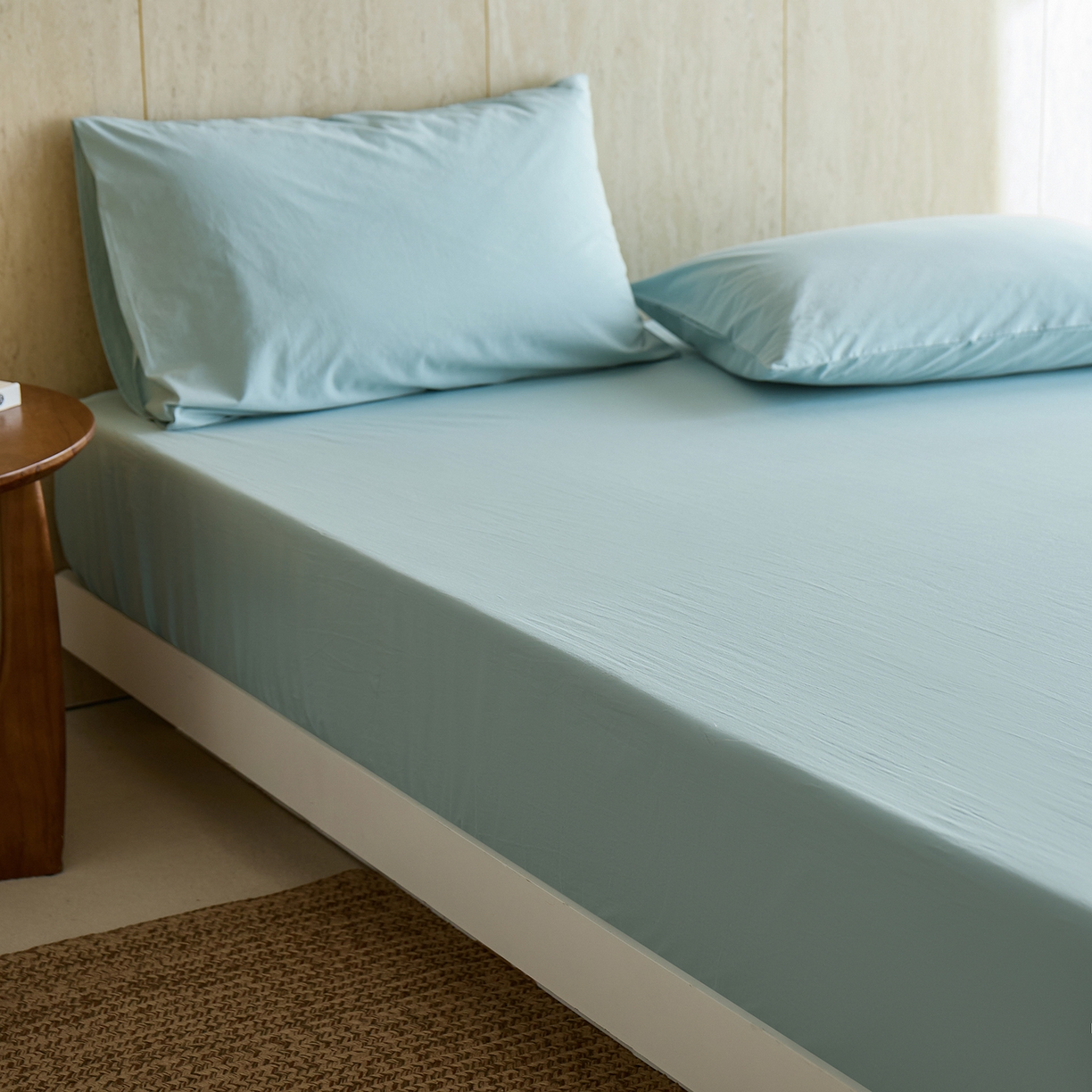 91家纺网 家纺一手货源 找家纺 轩和家居 2025新款全棉高支旧感砂洗长绒棉单床笠 松石绿