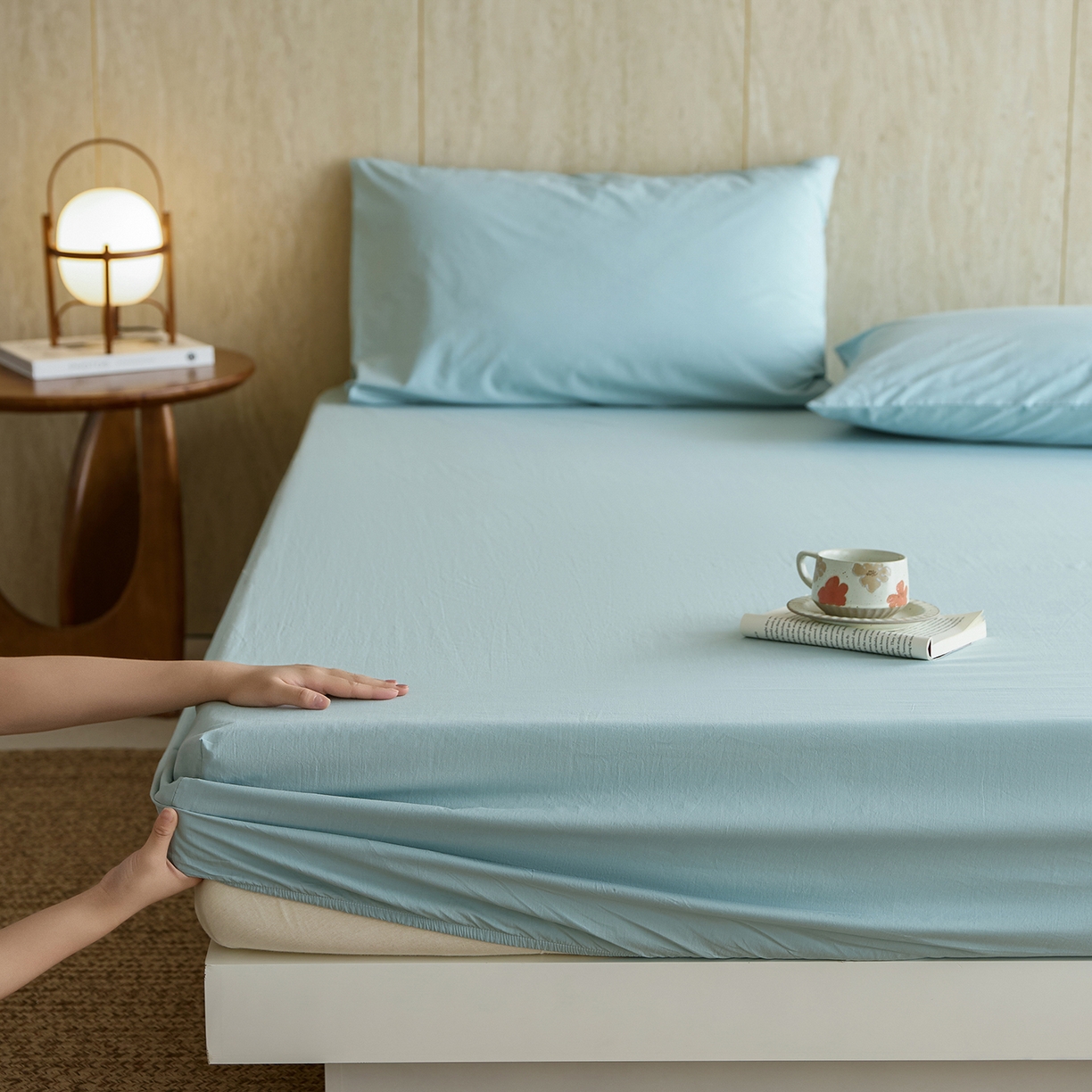 91家纺网 家纺一手货源 找家纺 轩和家居 2025新款全棉高支旧感砂洗长绒棉单床笠 松石绿