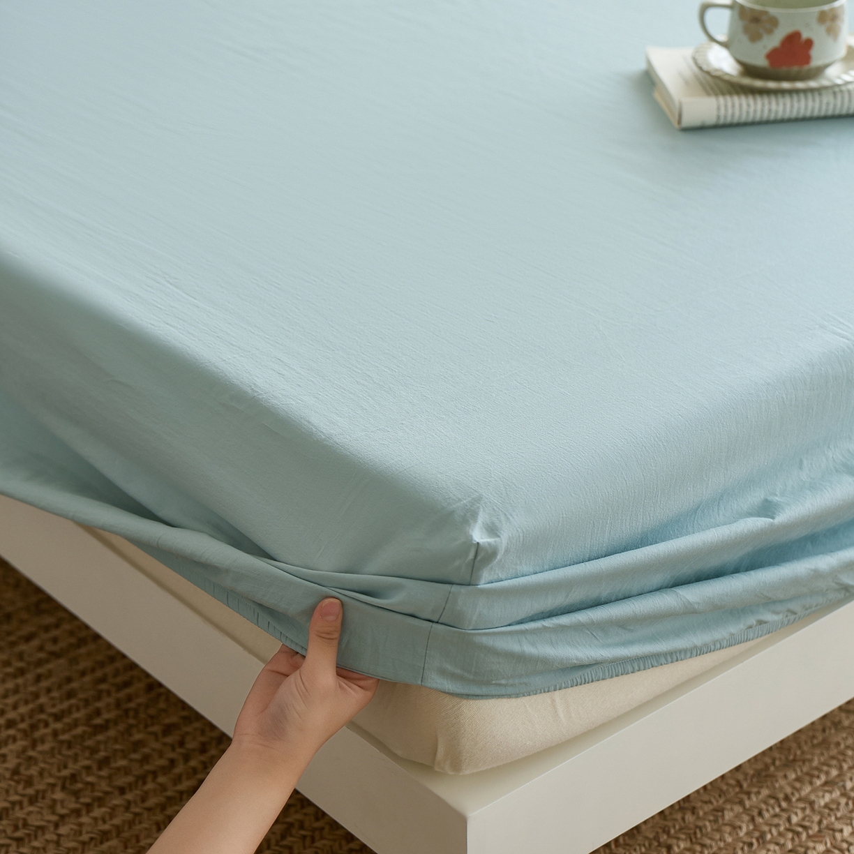 91家纺网 家纺一手货源 找家纺 轩和家居 2025新款全棉高支旧感砂洗长绒棉单床笠 松石绿