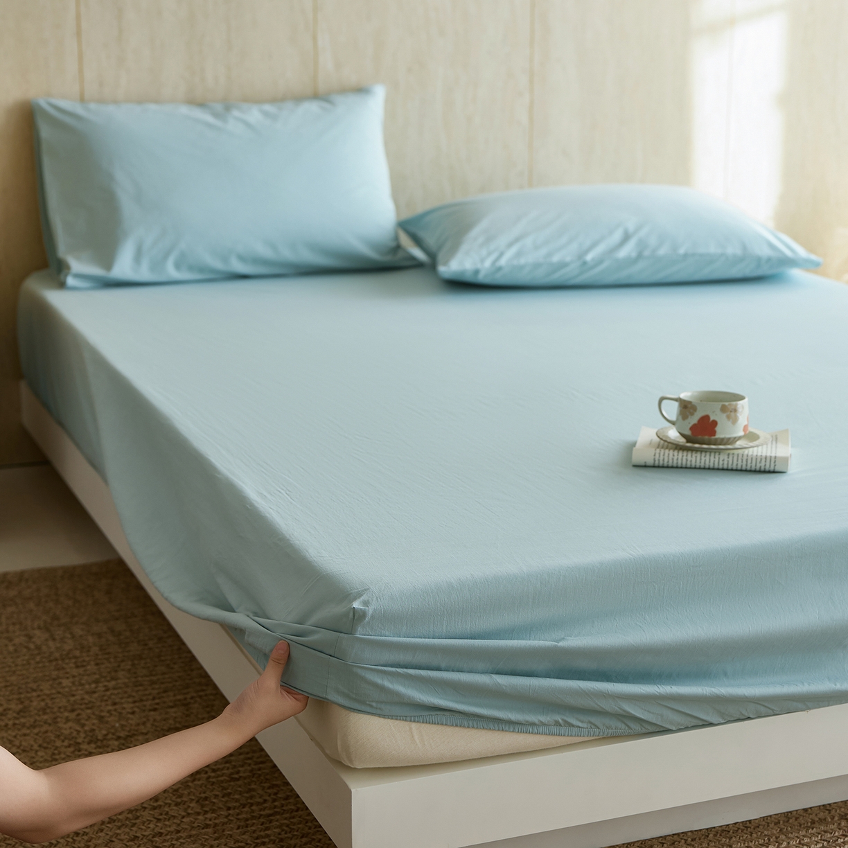 91家纺网 家纺一手货源 找家纺 轩和家居 2025新款全棉高支旧感砂洗长绒棉单床笠 松石绿