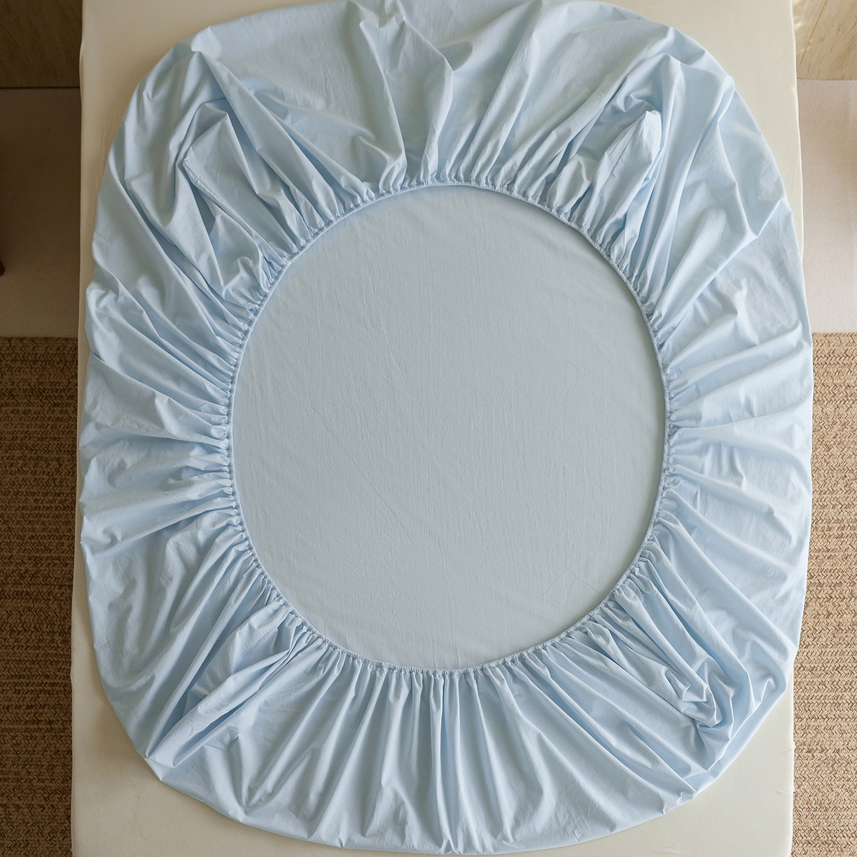 91家纺网 家纺一手货源 找家纺 轩和家居 2025新款全棉高支旧感砂洗长绒棉单床笠 天空蓝