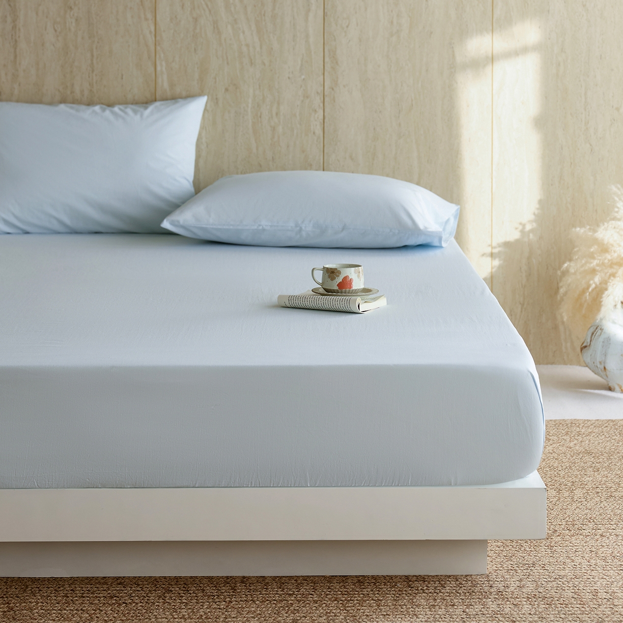 91家纺网 家纺一手货源 找家纺 轩和家居 2025新款全棉高支旧感砂洗长绒棉单床笠 天空蓝