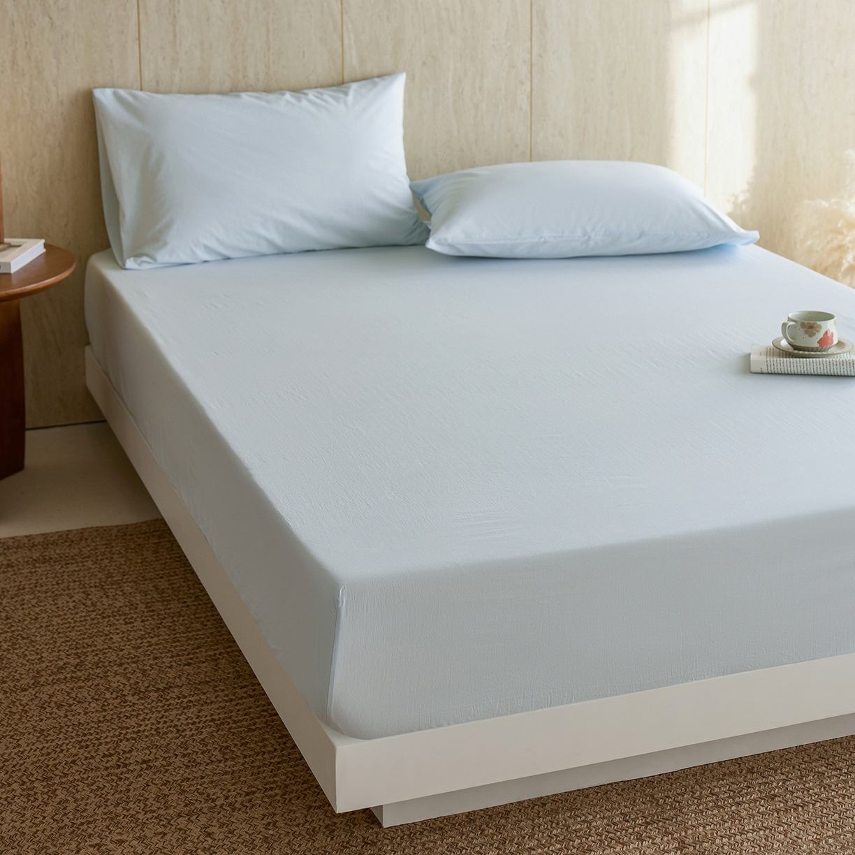 91家纺网 家纺一手货源 找家纺 轩和家居 2025新款全棉高支旧感砂洗长绒棉单床笠 天空蓝