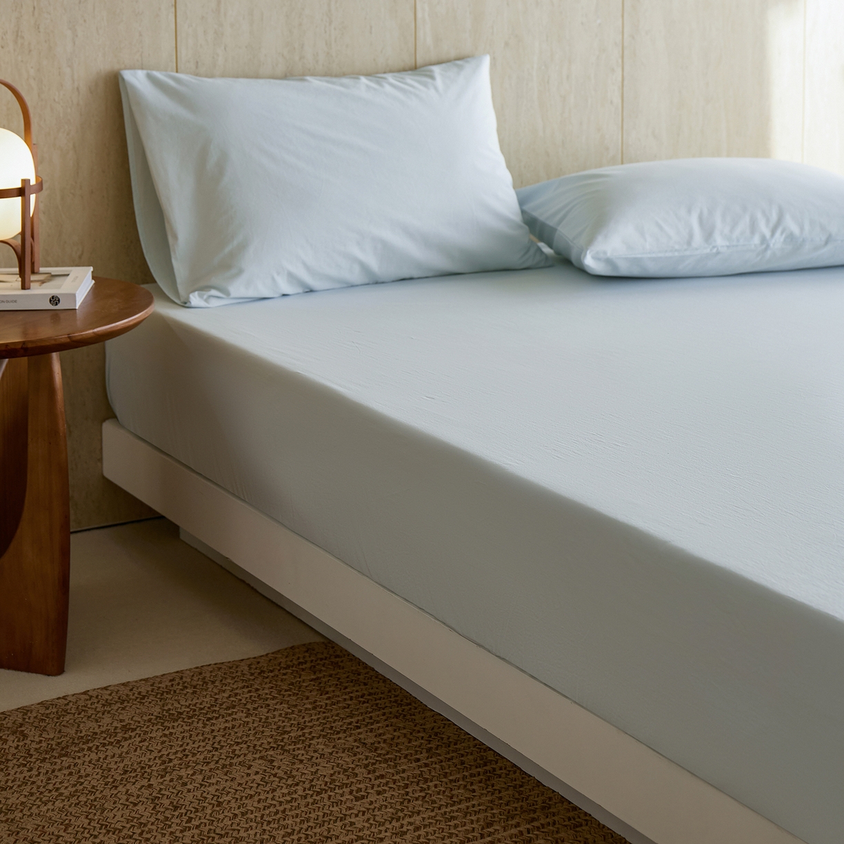 91家纺网 家纺一手货源 找家纺 轩和家居 2025新款全棉高支旧感砂洗长绒棉单床笠 天空蓝