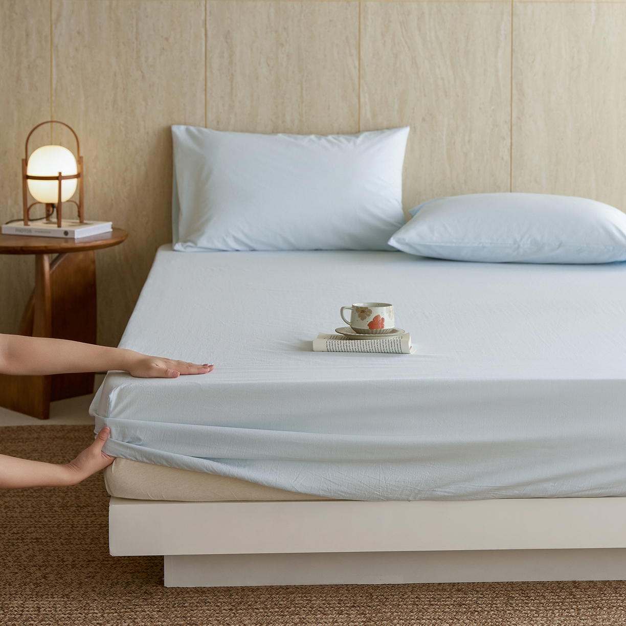 91家纺网 家纺一手货源 找家纺 轩和家居 2025新款全棉高支旧感砂洗长绒棉单床笠 天空蓝