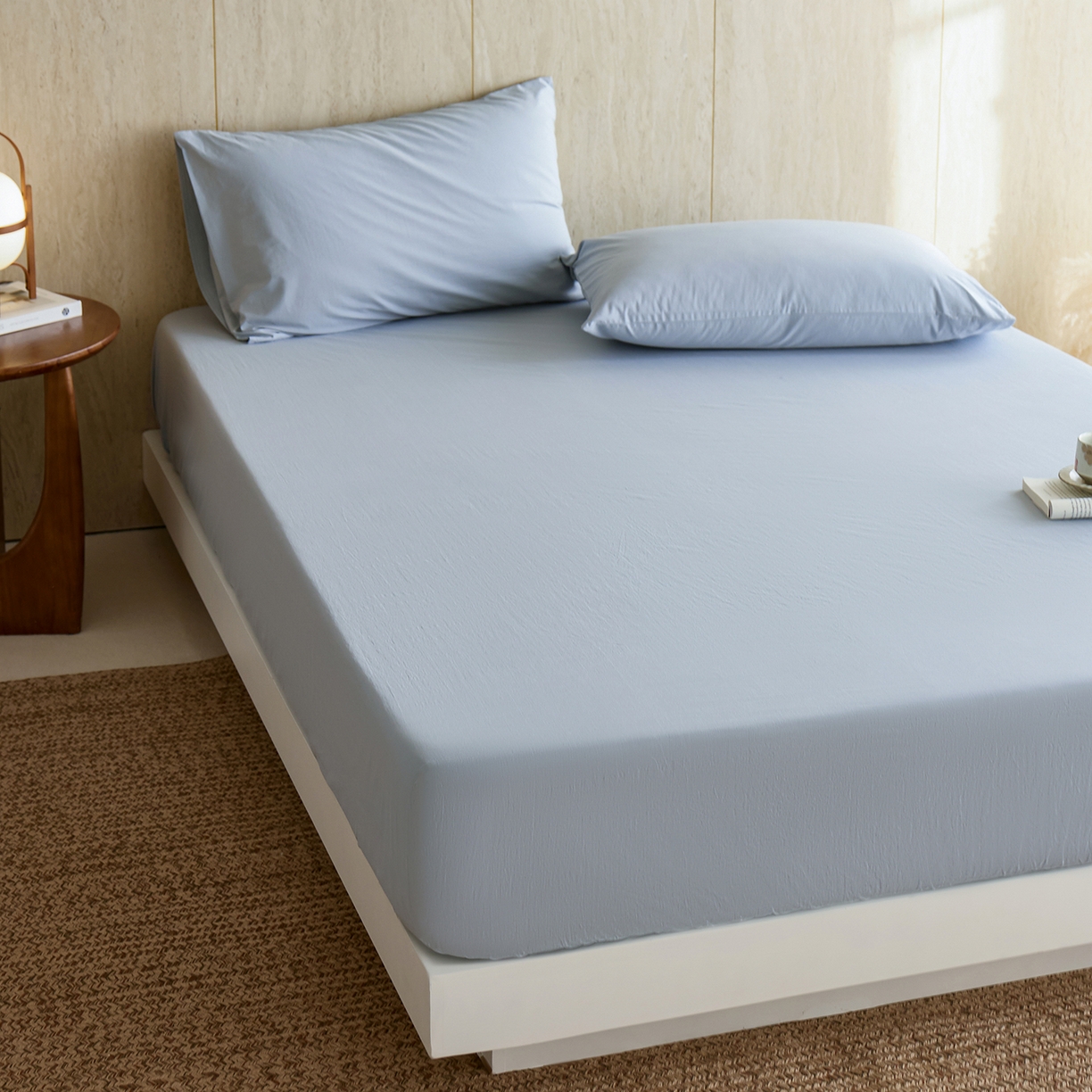 91家纺网 家纺一手货源 找家纺 轩和家居 2025新款全棉高支旧感砂洗长绒棉单床笠 雾海蓝