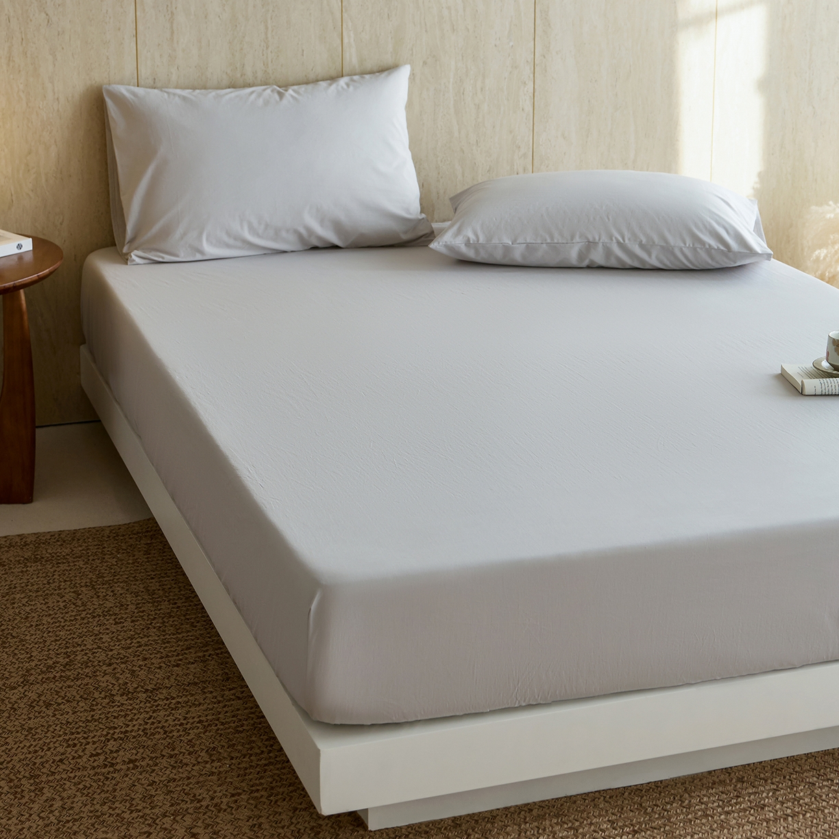 91家纺网 家纺一手货源 找家纺 轩和家居 2025新款全棉高支旧感砂洗长绒棉单床笠 细雨灰