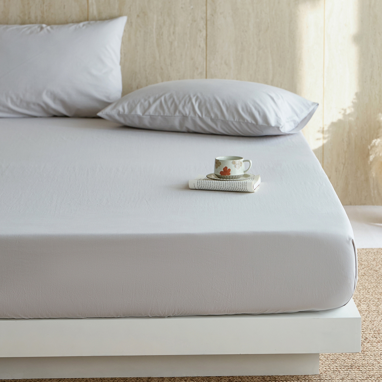 91家纺网 家纺一手货源 找家纺 轩和家居 2025新款全棉高支旧感砂洗长绒棉单床笠 细雨灰