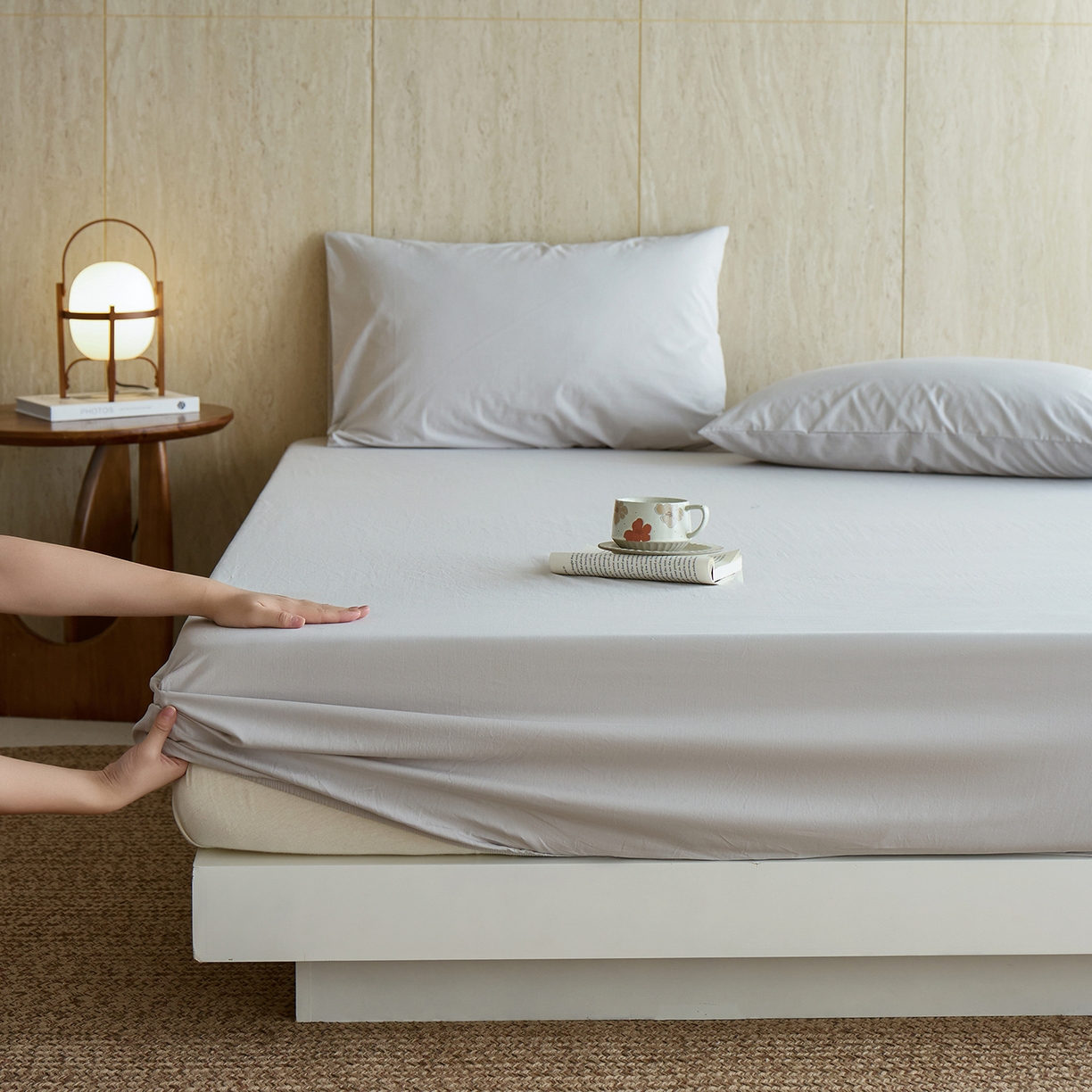 91家纺网 家纺一手货源 找家纺 轩和家居 2025新款全棉高支旧感砂洗长绒棉单床笠 细雨灰