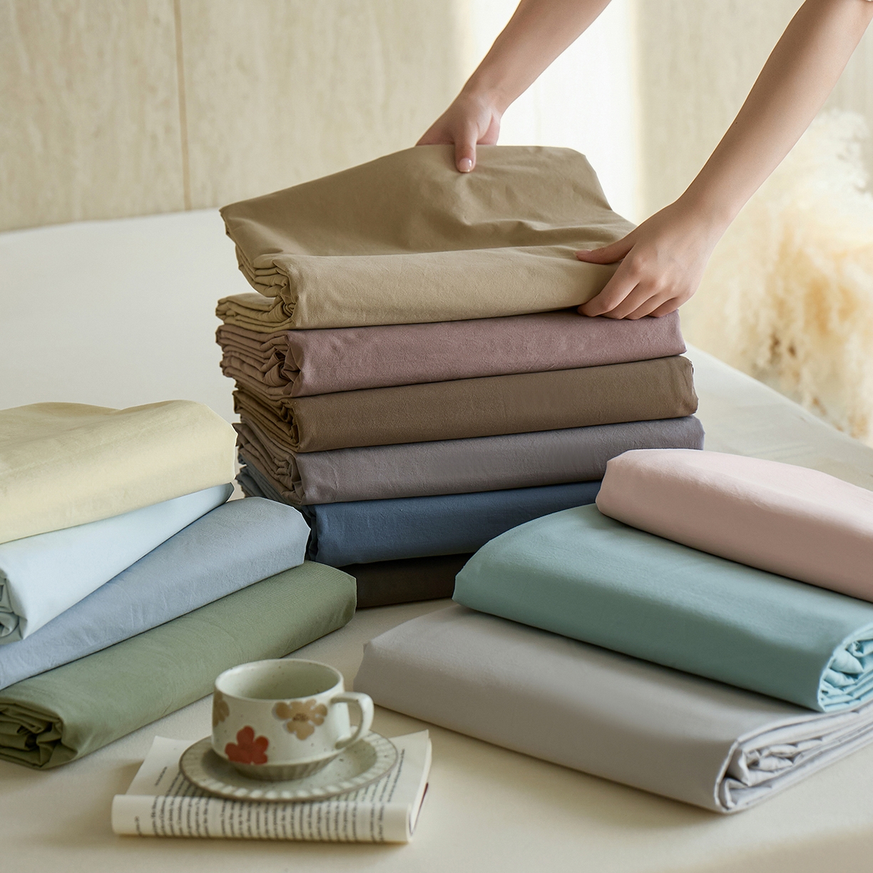 91家纺网 家纺一手货源 找家纺 轩和家居 2025新款全棉高支旧感砂洗长绒棉单床单 组合