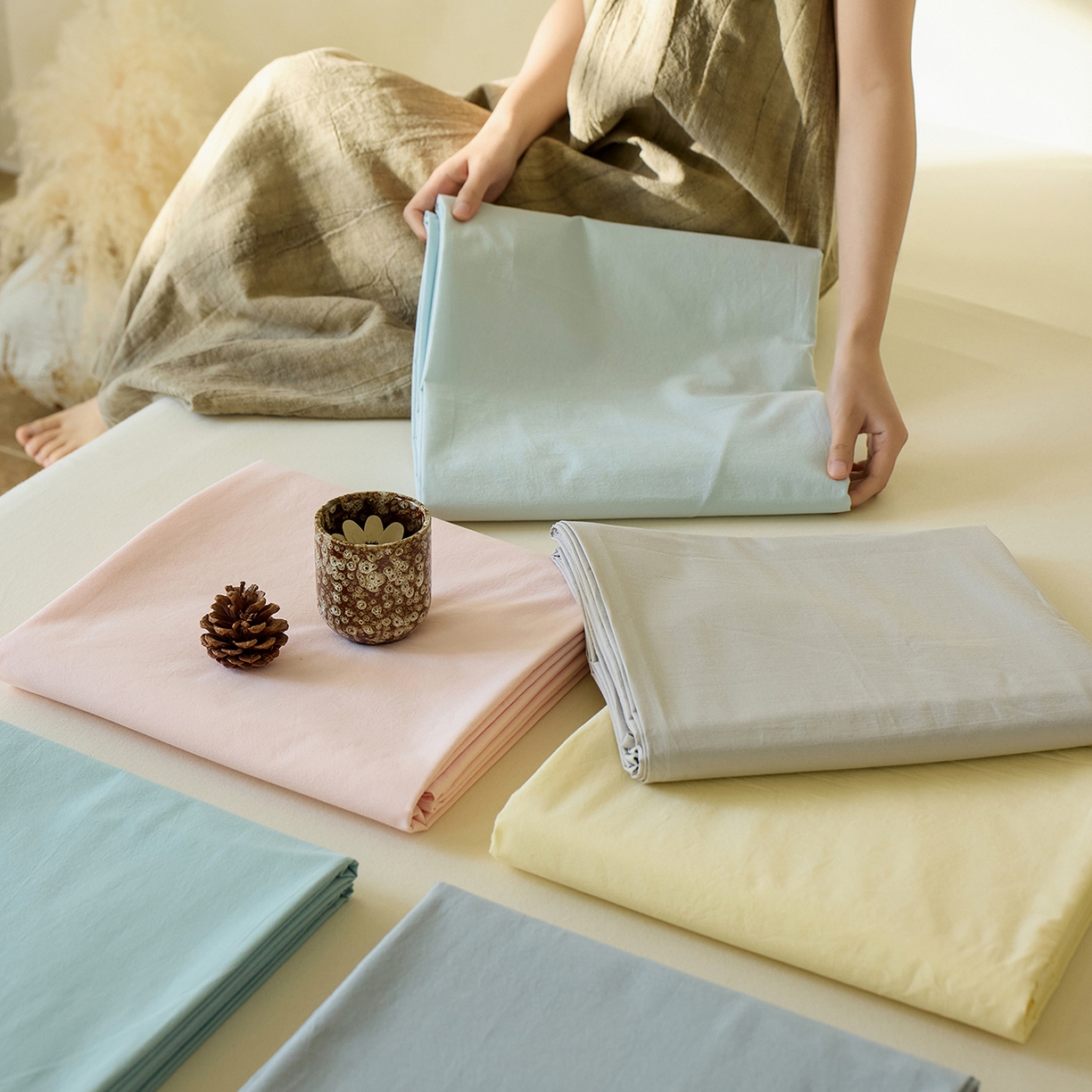 91家纺网 家纺一手货源 找家纺 轩和家居 2025新款全棉高支旧感砂洗长绒棉单床单 组合