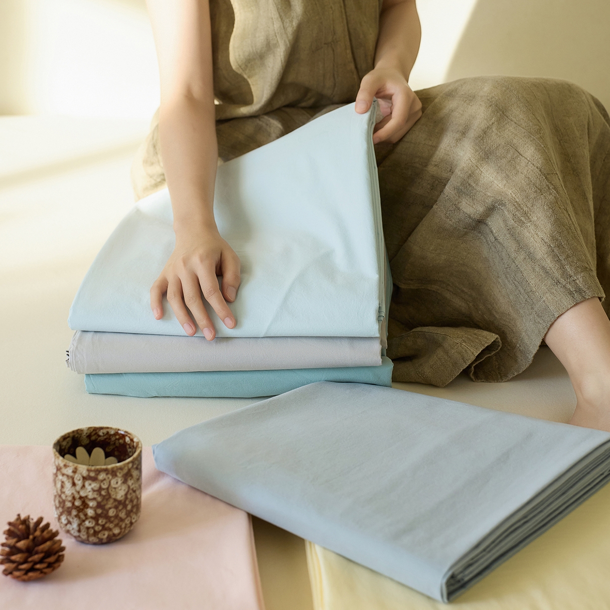 91家纺网 家纺一手货源 找家纺 轩和家居 2025新款全棉高支旧感砂洗长绒棉单床单 组合