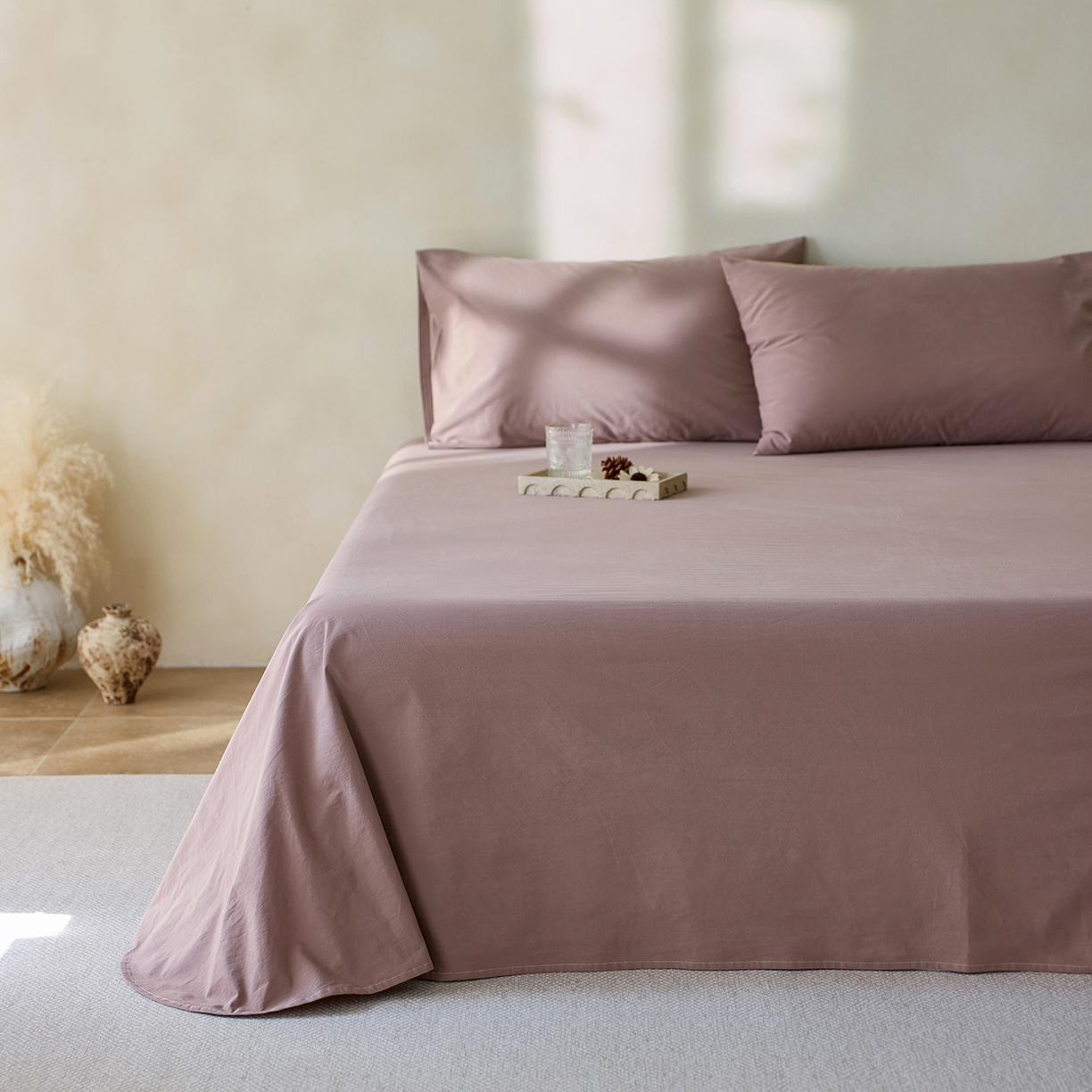 轩和家居 2025新款全棉高支旧感砂洗长绒棉单床单 豆沙色