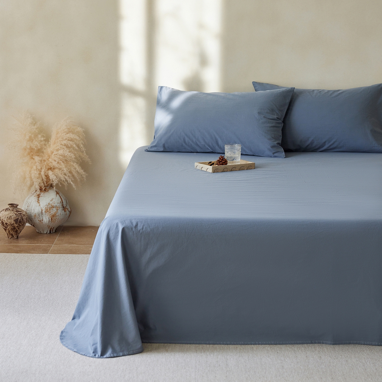 轩和家居 2025新款全棉高支旧感砂洗长绒棉单床单 霁兰色