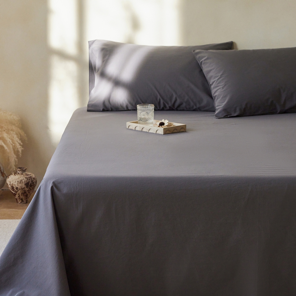 轩和家居 2025新款全棉高支旧感砂洗长绒棉单床单 墨染灰