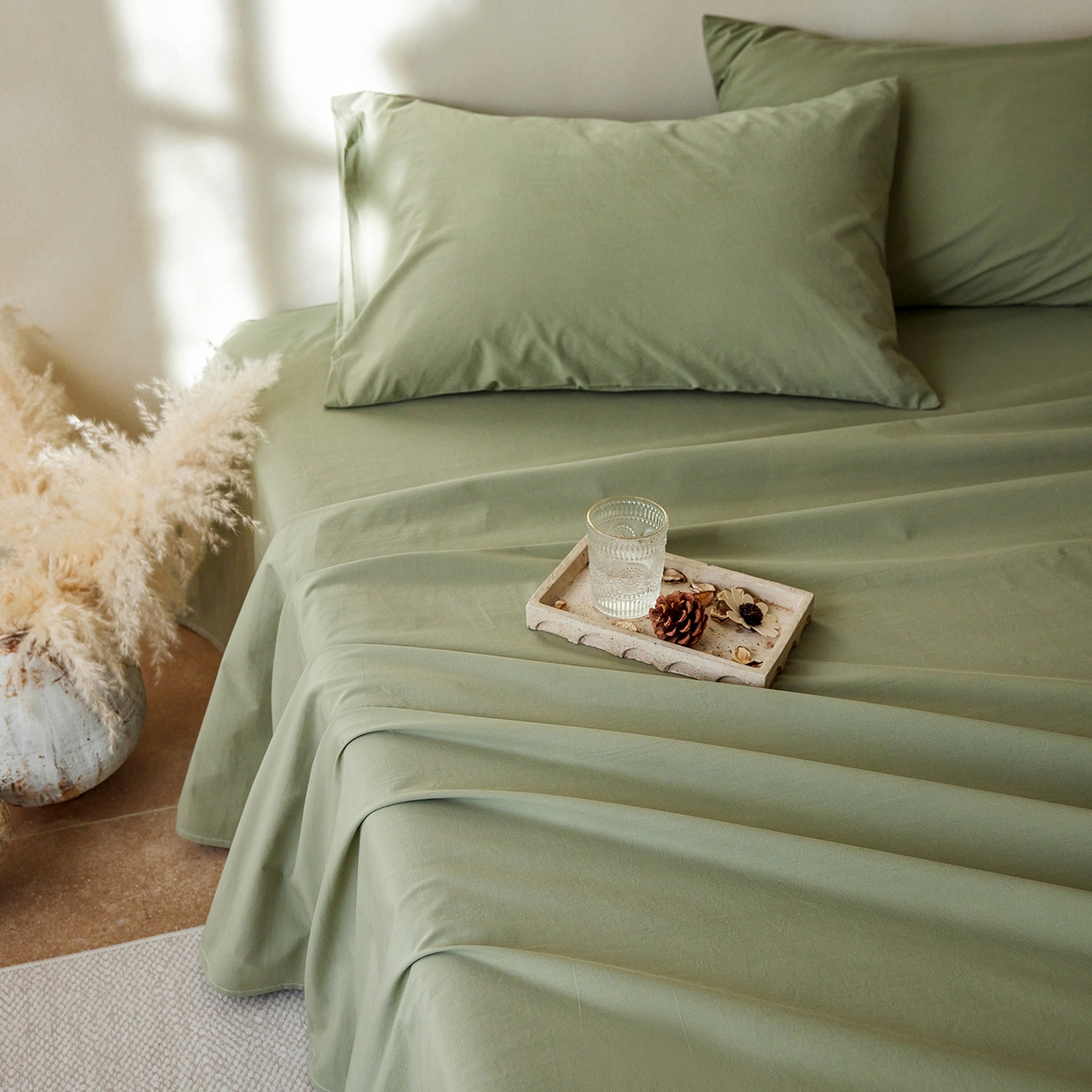 91家纺网 家纺一手货源 找家纺 轩和家居 2025新款全棉高支旧感砂洗长绒棉单床单 青绿色