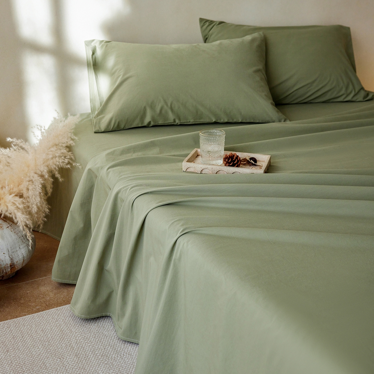 91家纺网 家纺一手货源 找家纺 轩和家居 2025新款全棉高支旧感砂洗长绒棉单床单 青绿色