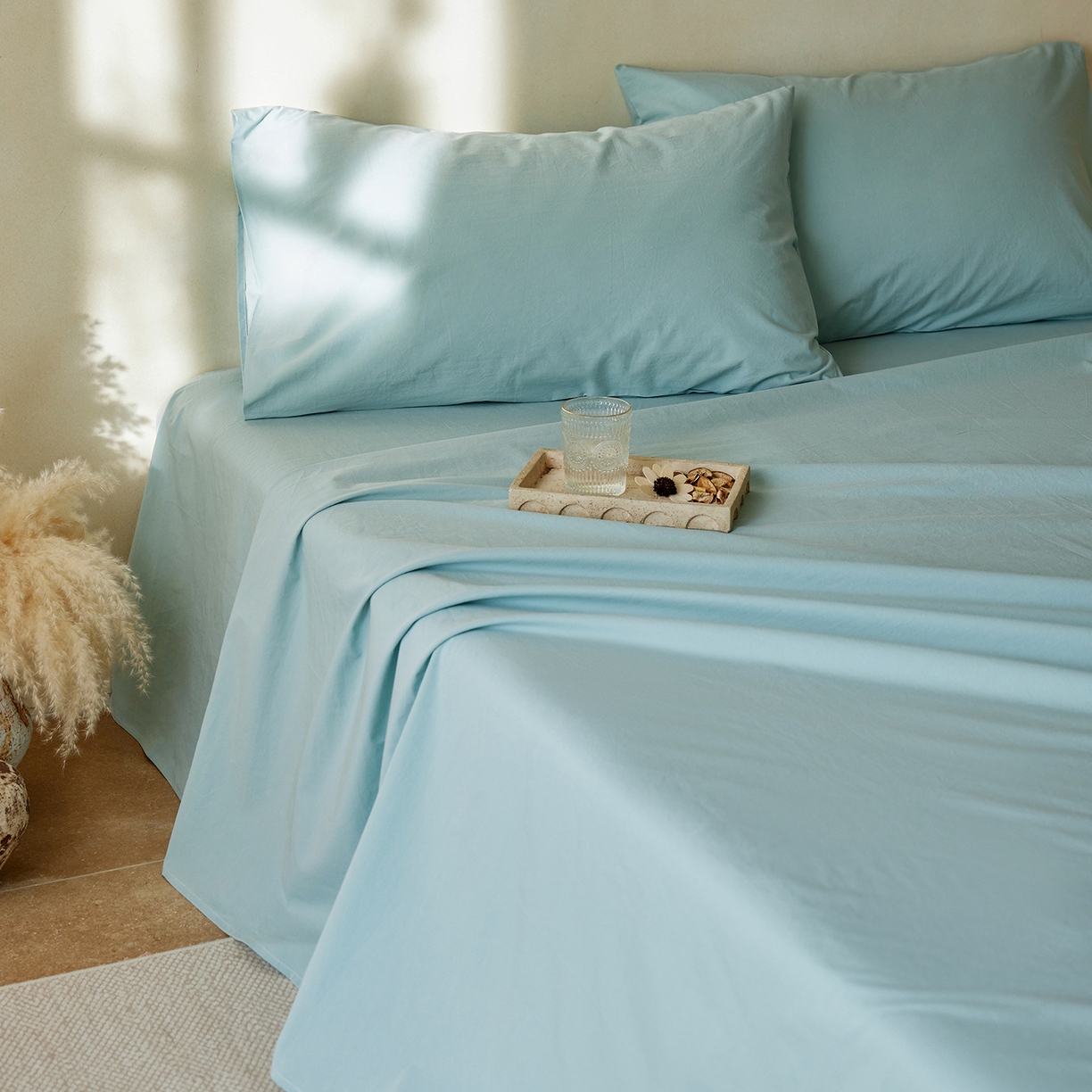 91家纺网 家纺一手货源 找家纺 轩和家居 2025新款全棉高支旧感砂洗长绒棉单床单 松石绿