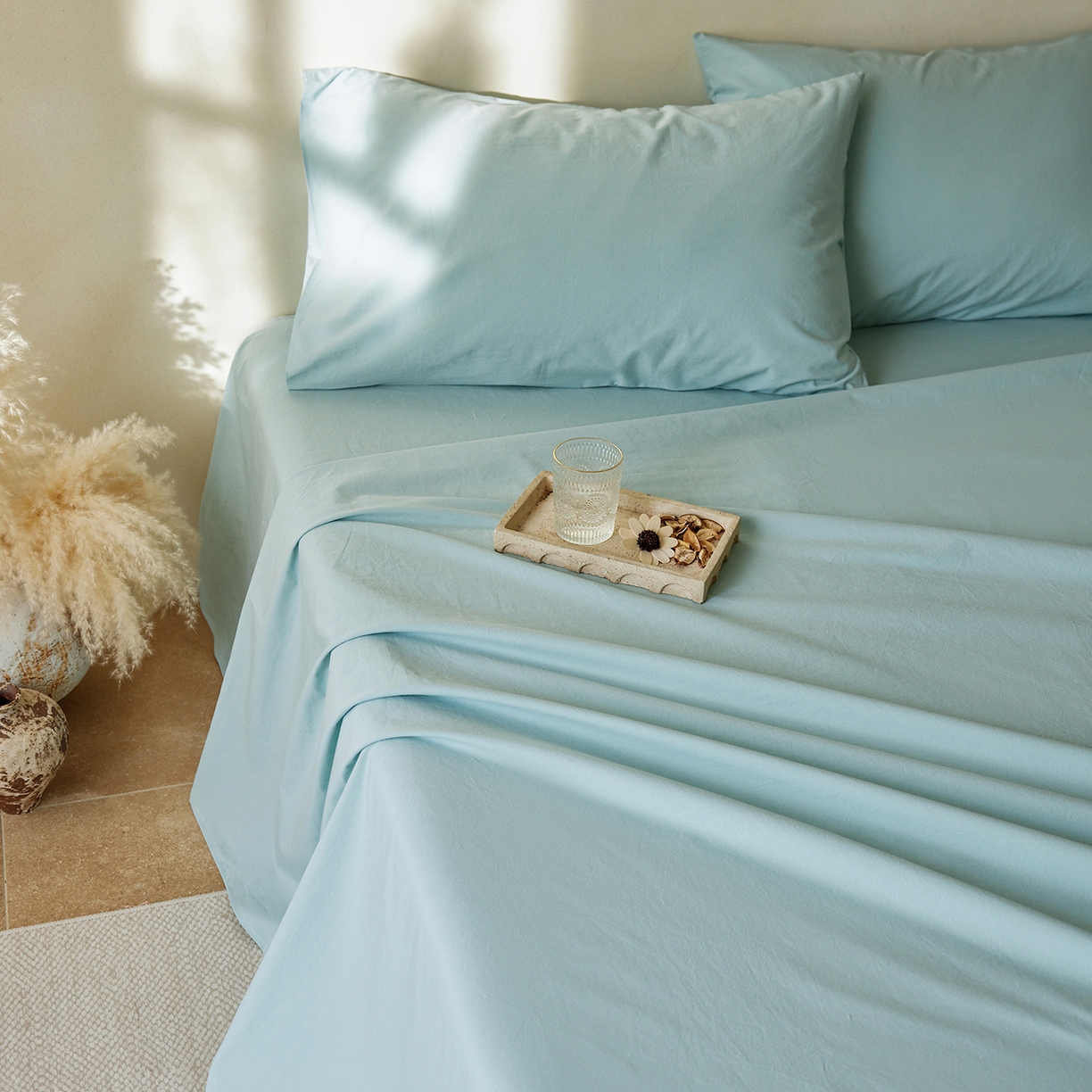 91家纺网 家纺一手货源 找家纺 轩和家居 2025新款全棉高支旧感砂洗长绒棉单床单 松石绿