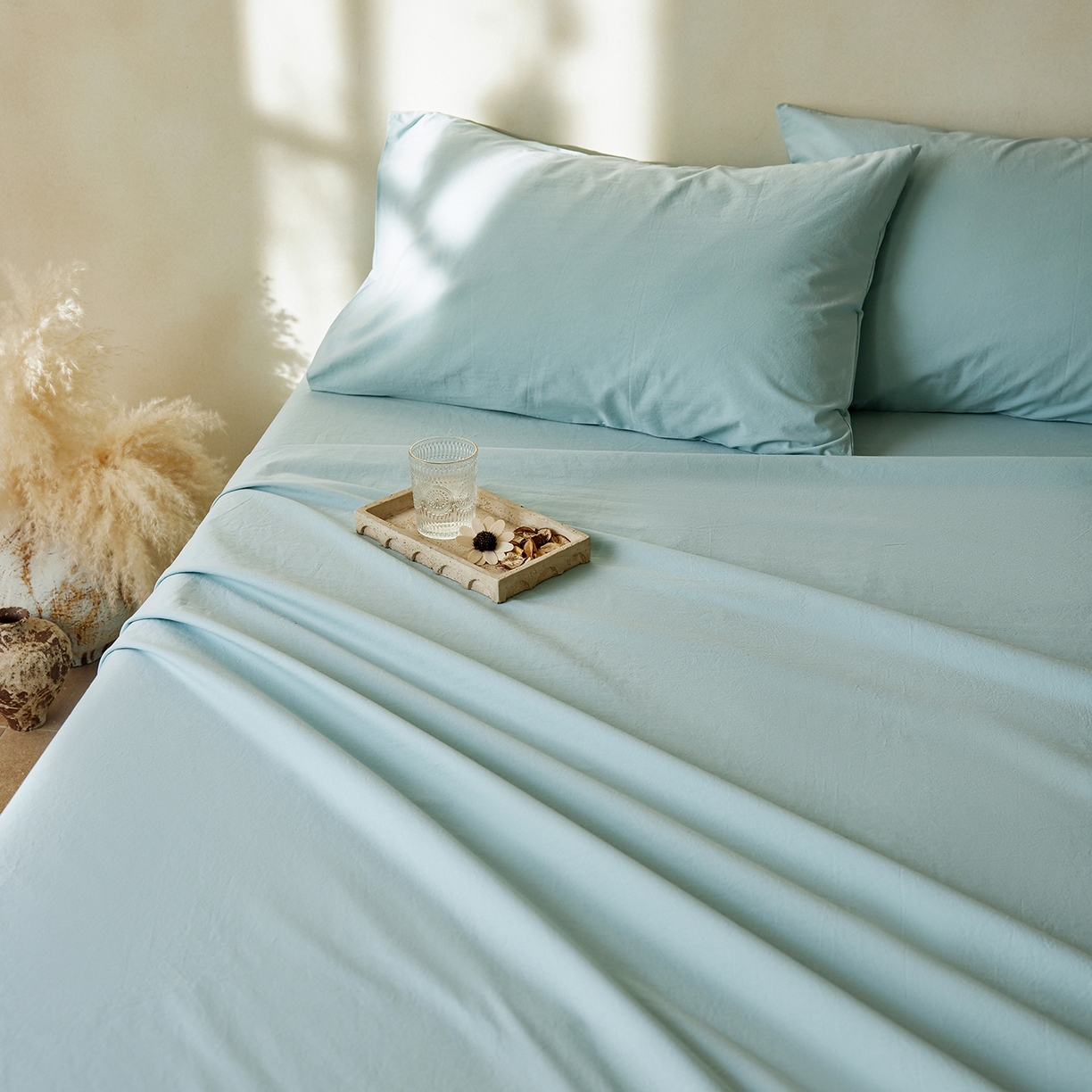 91家纺网 家纺一手货源 找家纺 轩和家居 2025新款全棉高支旧感砂洗长绒棉单床单 松石绿