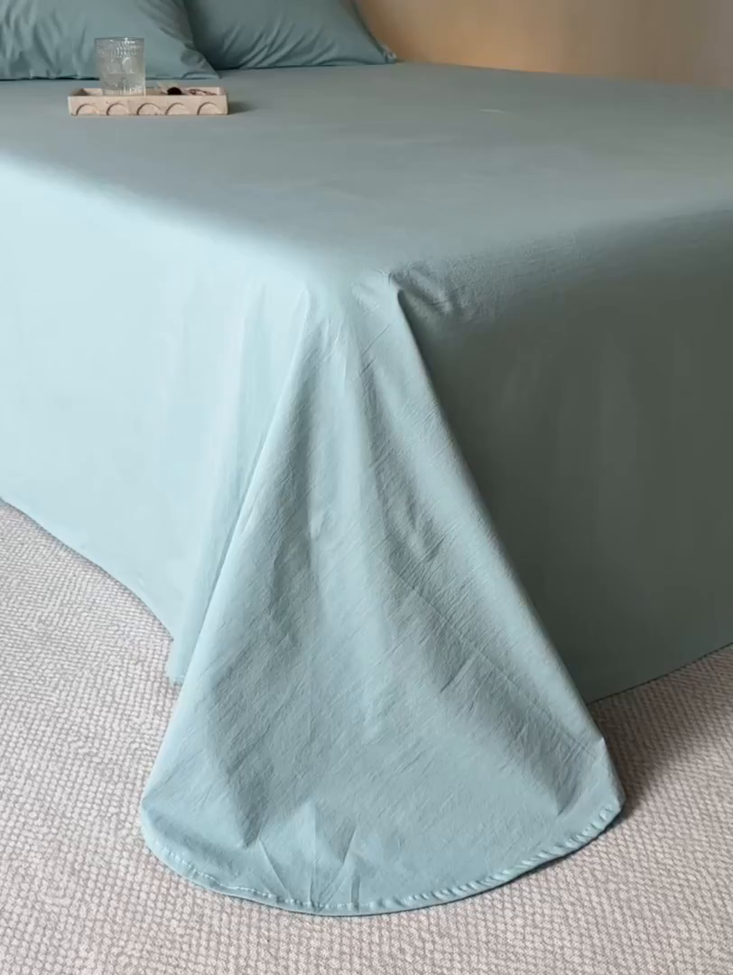 91家纺网 家纺一手货源 找家纺 轩和家居 2025新款全棉高支旧感砂洗长绒棉单床单 松石绿