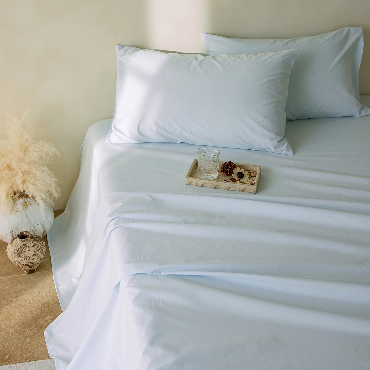 91家纺网 家纺一手货源 找家纺 轩和家居 2025新款全棉高支旧感砂洗长绒棉单床单 天空蓝