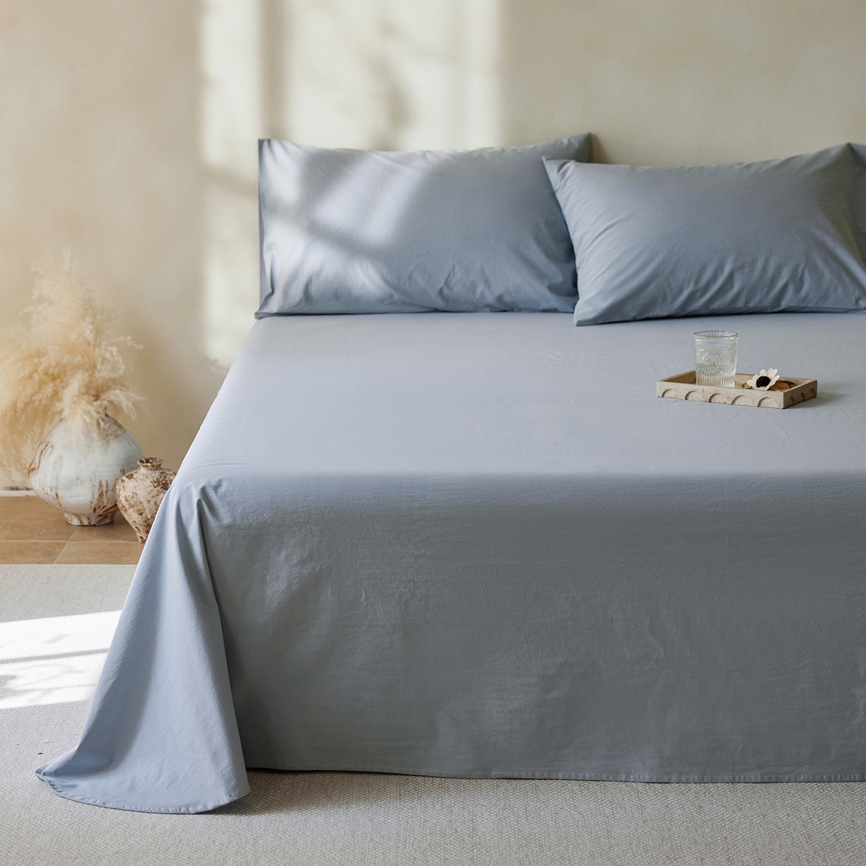 轩和家居 2025新款全棉高支旧感砂洗长绒棉单床单 雾海蓝