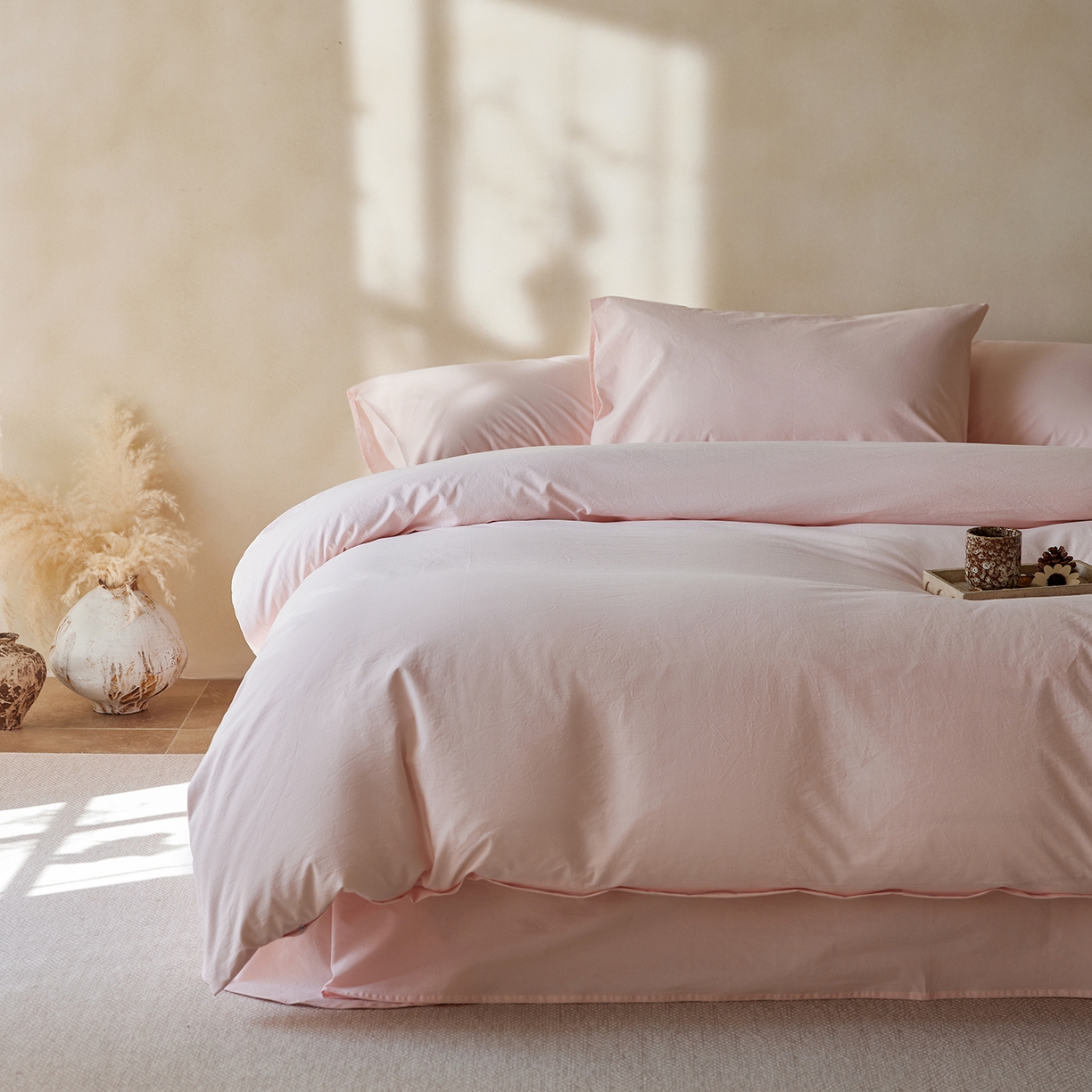 91家纺网 家纺一手货源 找家纺 轩和家居 2025新款全棉高支旧感砂洗长绒棉单被套 薄樱粉