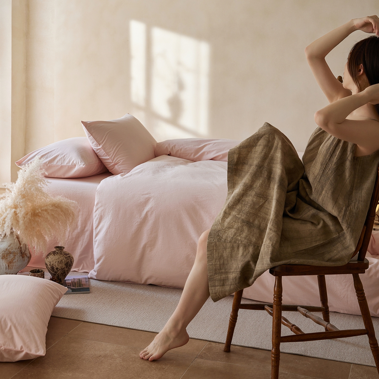 91家纺网 家纺一手货源 找家纺 轩和家居 2025新款全棉高支旧感砂洗长绒棉单被套 薄樱粉