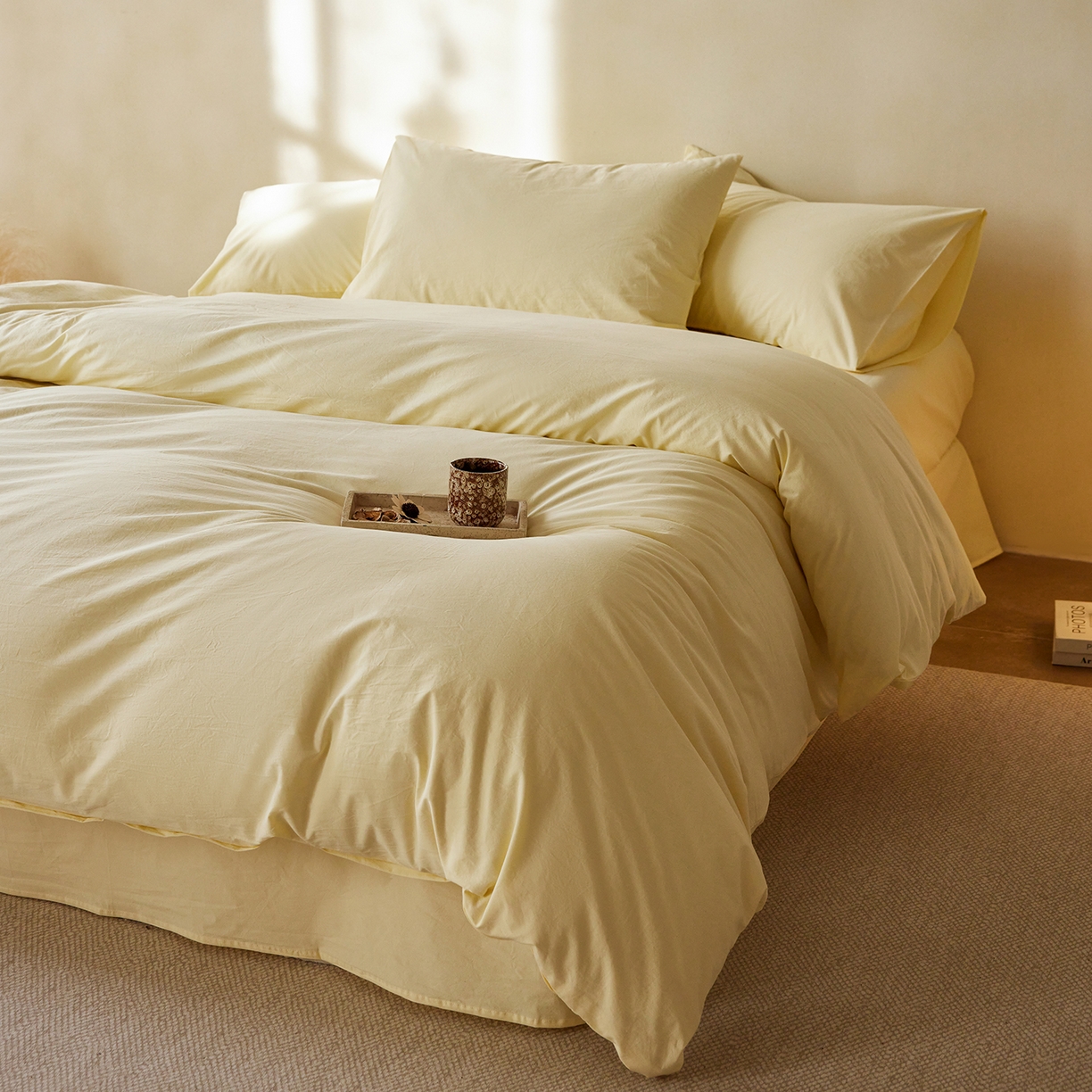 91家纺网 家纺一手货源 找家纺 轩和家居 2025新款全棉高支旧感砂洗长绒棉单被套 淡黄色
