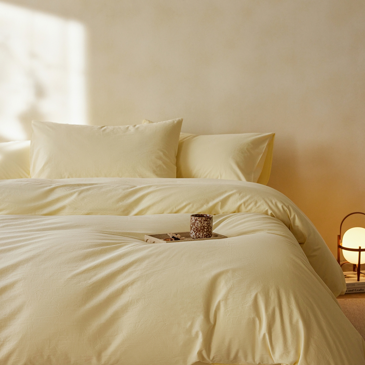 91家纺网 家纺一手货源 找家纺 轩和家居 2025新款全棉高支旧感砂洗长绒棉单被套 淡黄色