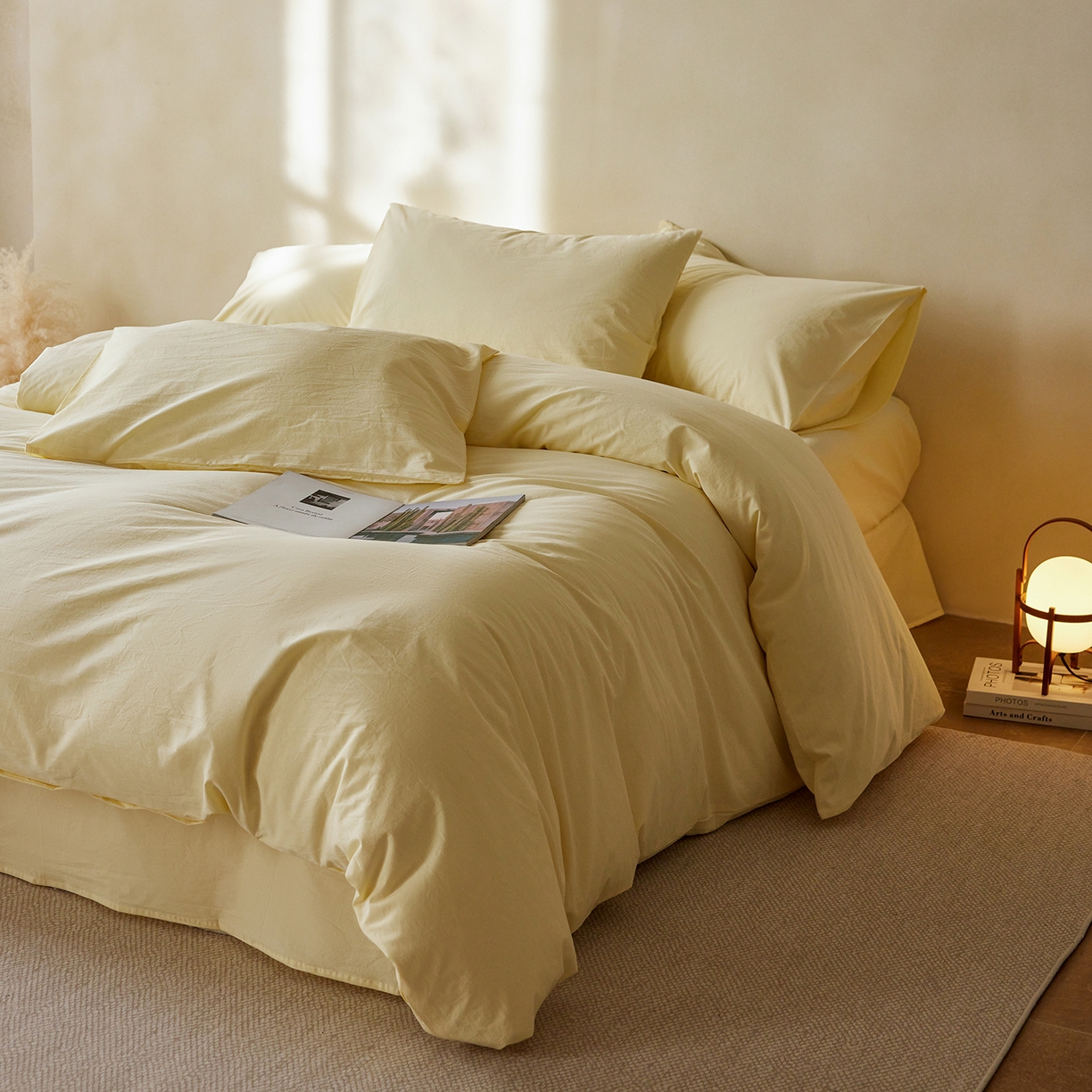 91家纺网 家纺一手货源 找家纺 轩和家居 2025新款全棉高支旧感砂洗长绒棉单被套 淡黄色