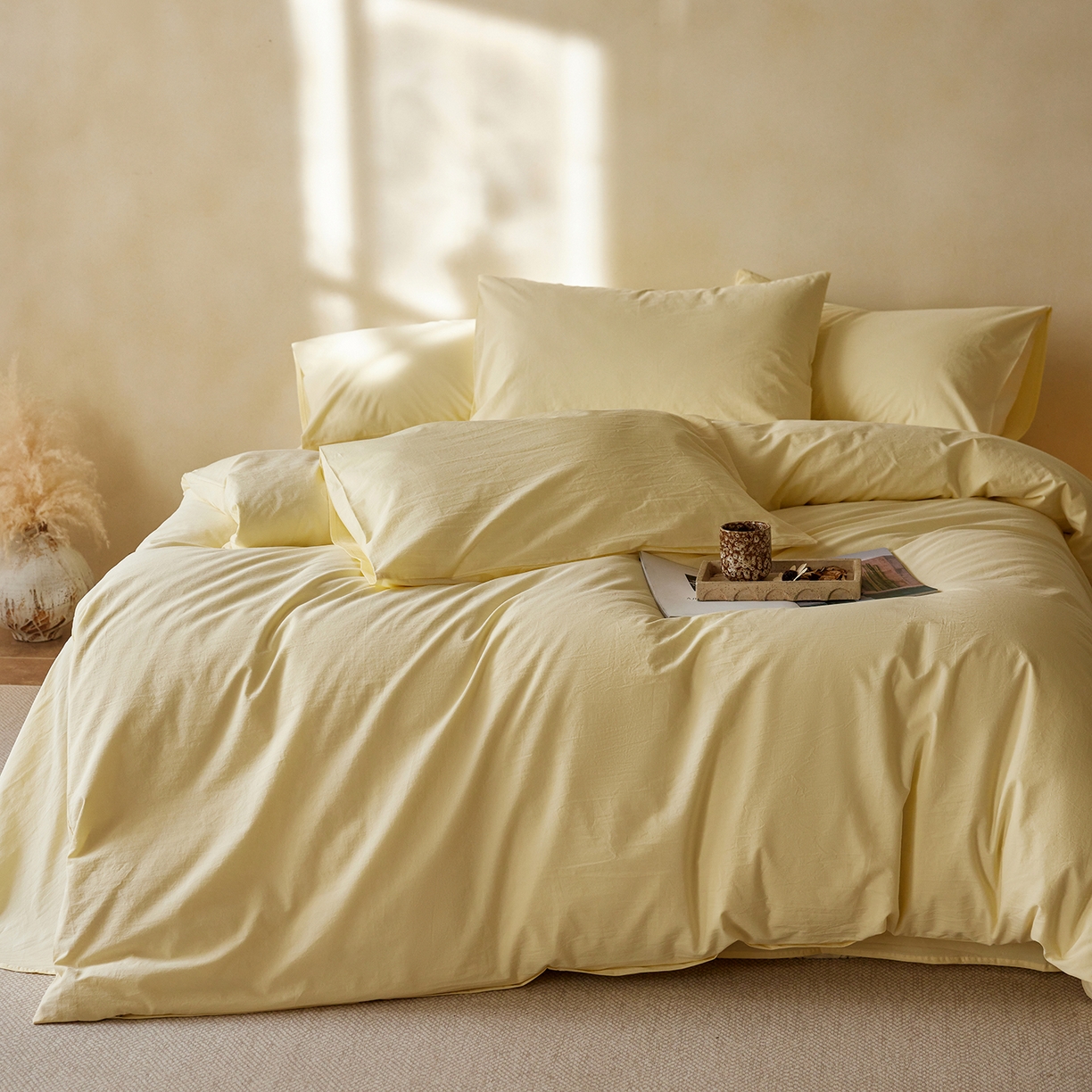 91家纺网 家纺一手货源 找家纺 轩和家居 2025新款全棉高支旧感砂洗长绒棉单被套 淡黄色