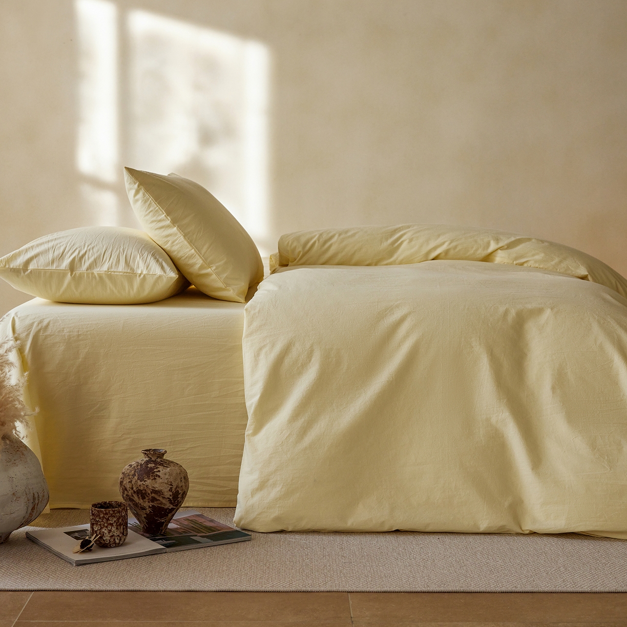 91家纺网 家纺一手货源 找家纺 轩和家居 2025新款全棉高支旧感砂洗长绒棉单被套 淡黄色