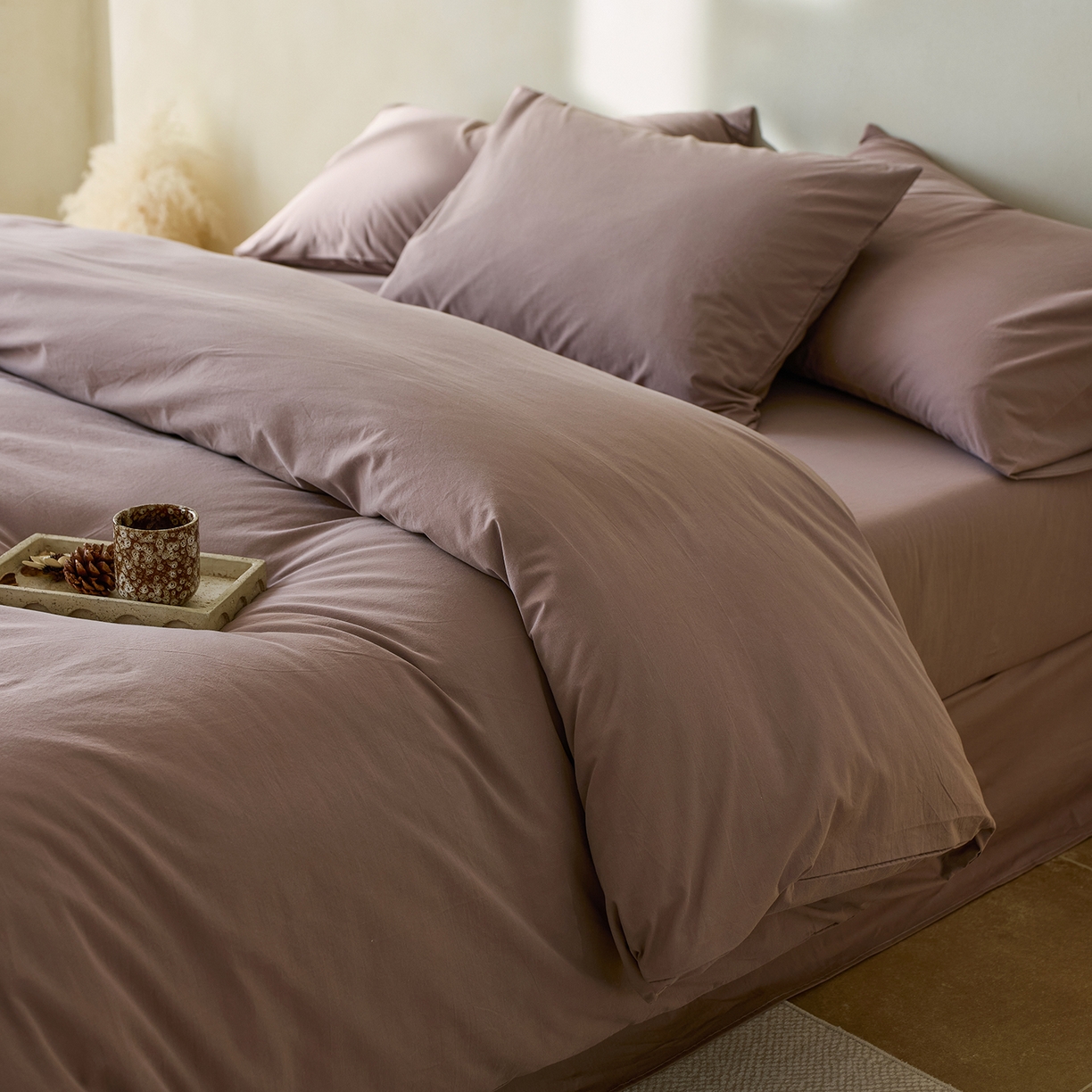 轩和家居 2025新款全棉高支旧感砂洗长绒棉单被套 豆沙色
