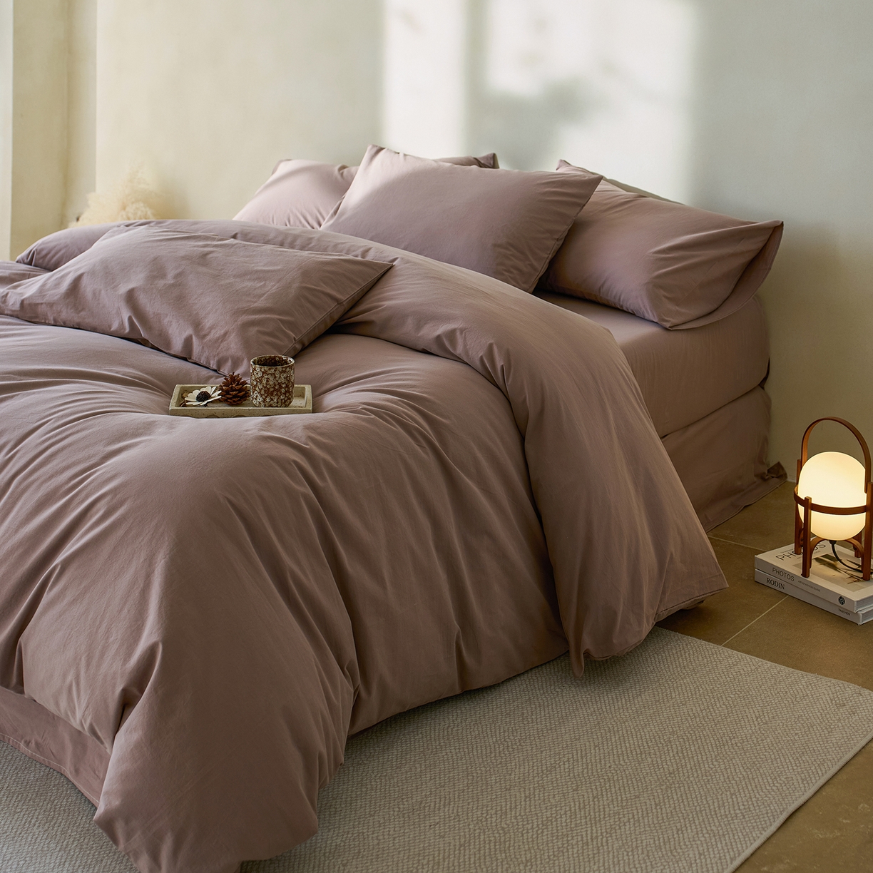 91家纺网 家纺一手货源 找家纺 轩和家居 2025新款全棉高支旧感砂洗长绒棉单被套 豆沙色