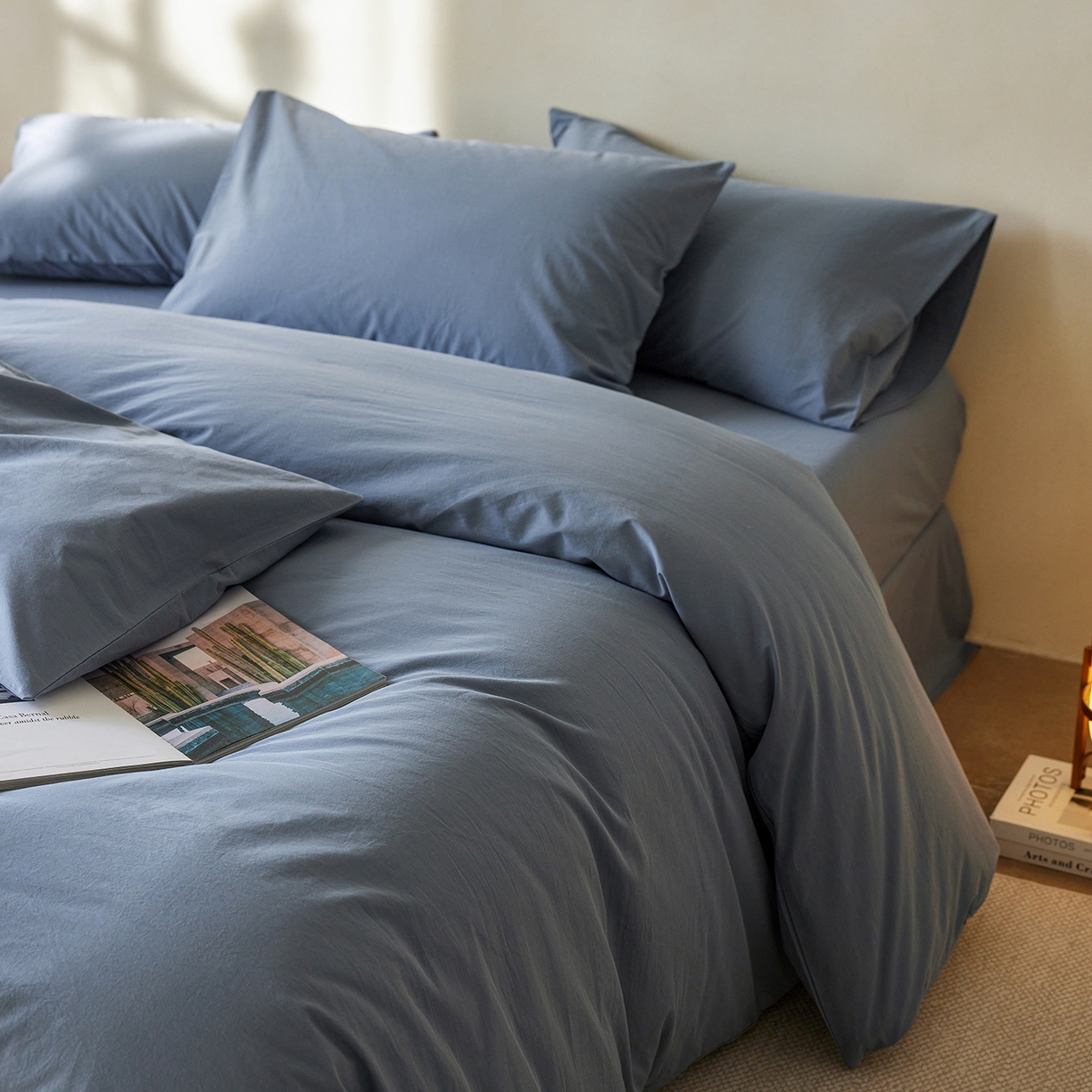 91家纺网 家纺一手货源 找家纺 轩和家居 2025新款全棉高支旧感砂洗长绒棉单被套 霁兰色