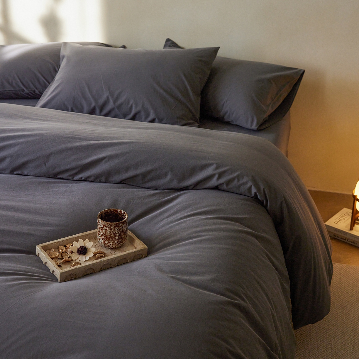 轩和家居 2025新款全棉高支旧感砂洗长绒棉单被套 墨染灰