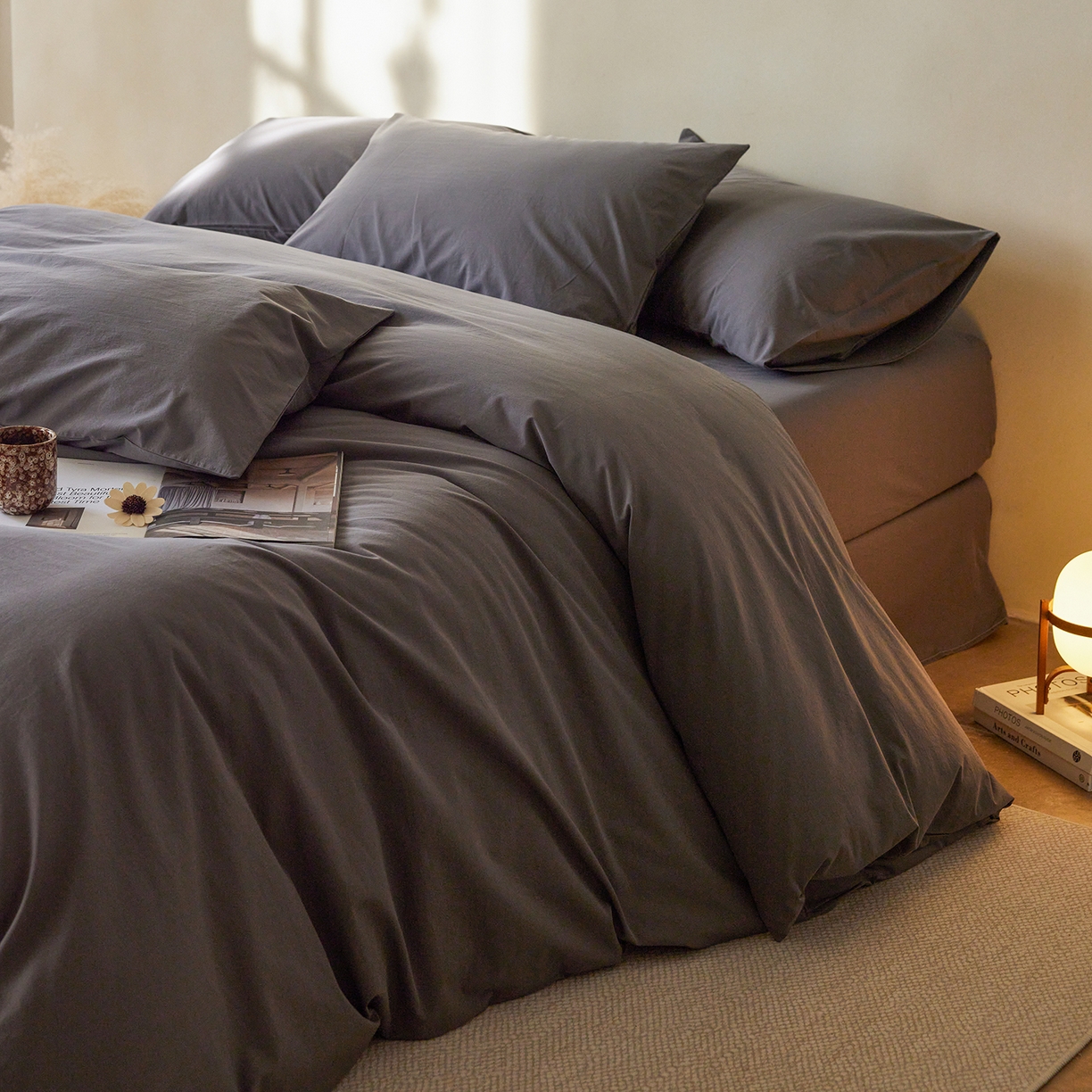 91家纺网 家纺一手货源 找家纺 轩和家居 2025新款全棉高支旧感砂洗长绒棉单被套 墨染灰