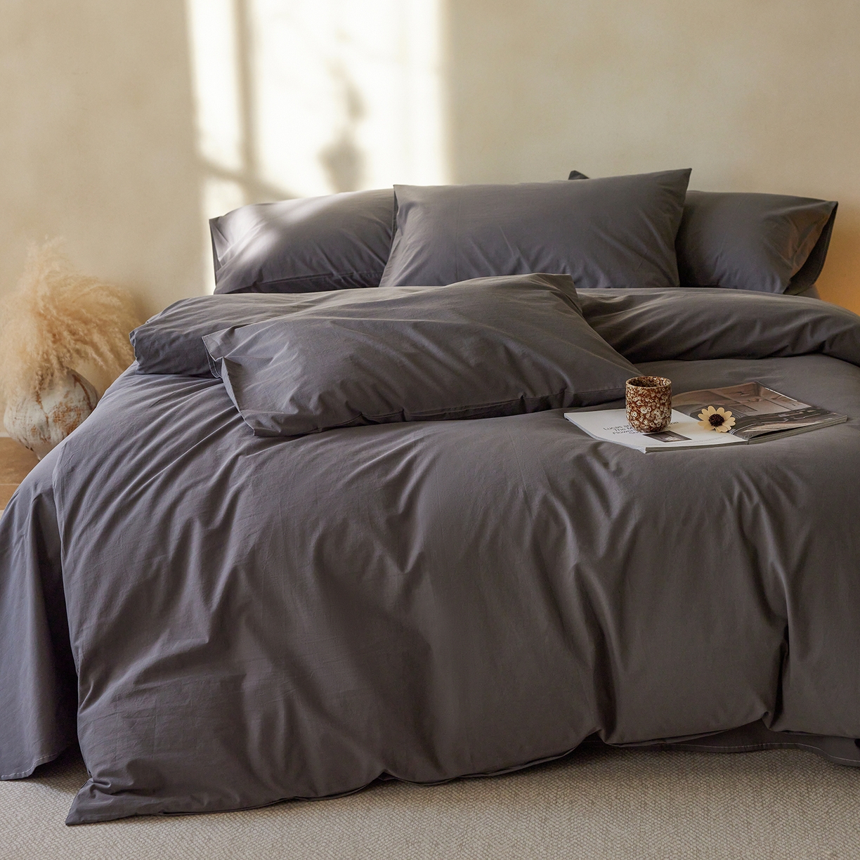 91家纺网 家纺一手货源 找家纺 轩和家居 2025新款全棉高支旧感砂洗长绒棉单被套 墨染灰