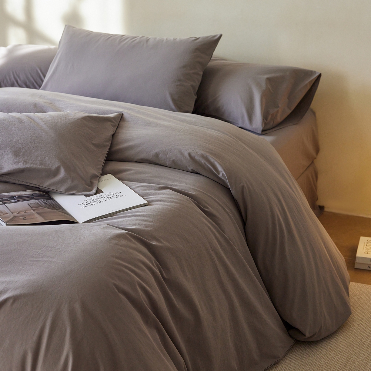 轩和家居 2025新款全棉高支旧感砂洗长绒棉单被套 暮烟灰