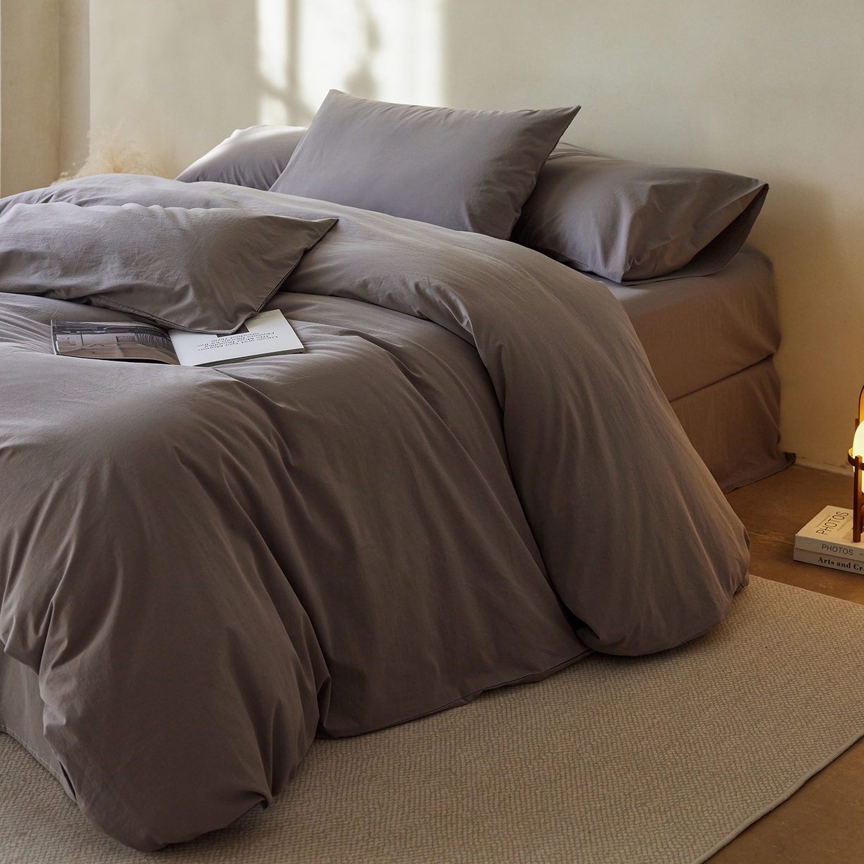 91家纺网 家纺一手货源 找家纺 轩和家居 2025新款全棉高支旧感砂洗长绒棉单被套 暮烟灰