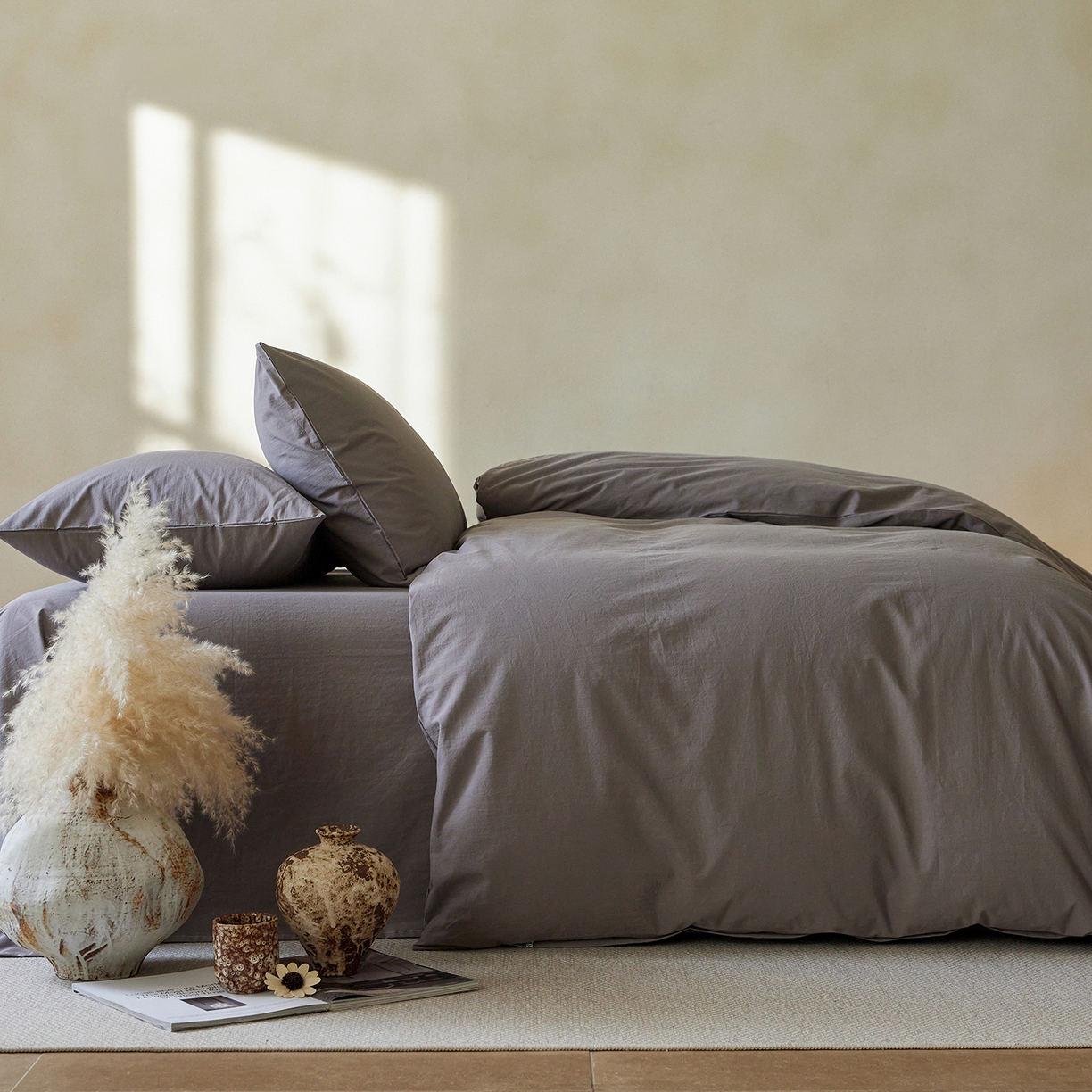91家纺网 家纺一手货源 找家纺 轩和家居 2025新款全棉高支旧感砂洗长绒棉单被套 暮烟灰
