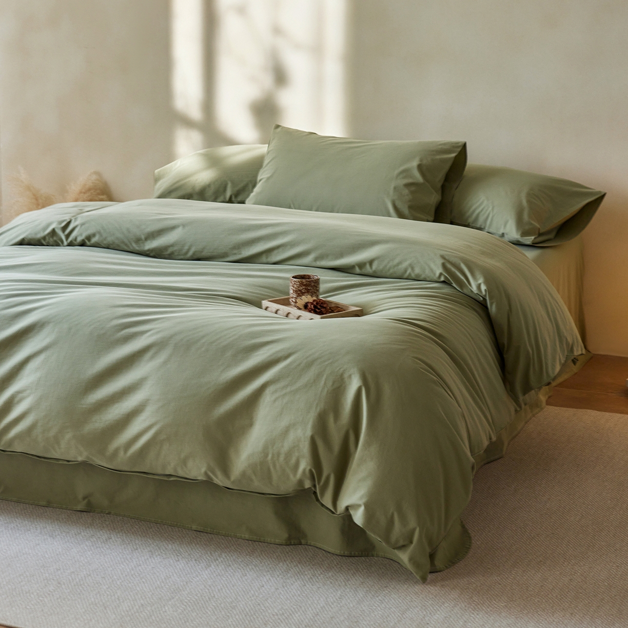 91家纺网 家纺一手货源 找家纺 轩和家居 2025新款全棉高支旧感砂洗长绒棉单被套 青绿色