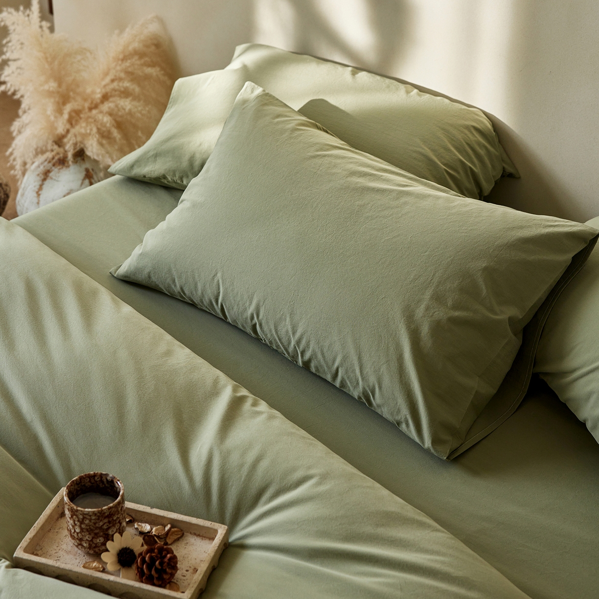 91家纺网 家纺一手货源 找家纺 轩和家居 2025新款全棉高支旧感砂洗长绒棉单被套 青绿色