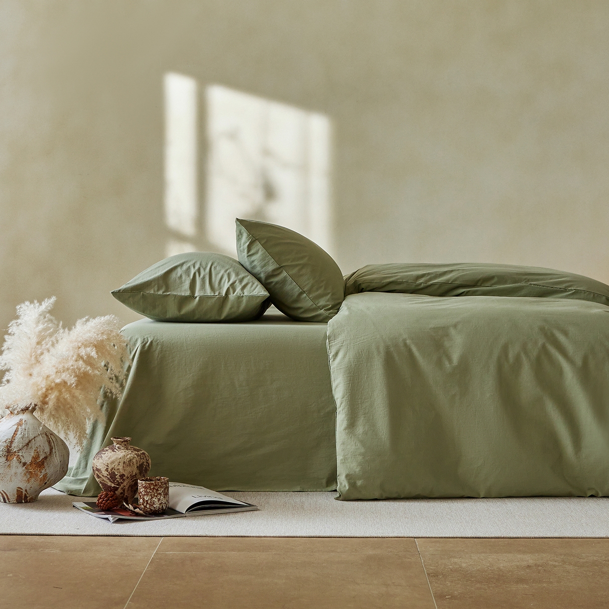 91家纺网 家纺一手货源 找家纺 轩和家居 2025新款全棉高支旧感砂洗长绒棉单被套 青绿色