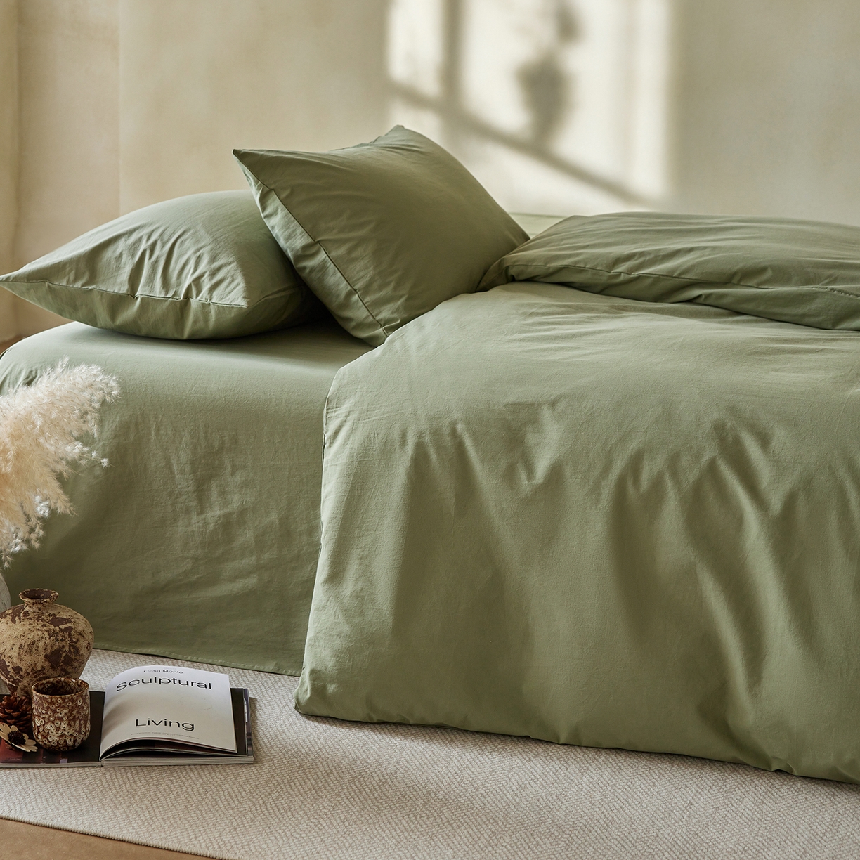 91家纺网 家纺一手货源 找家纺 轩和家居 2025新款全棉高支旧感砂洗长绒棉单被套 青绿色