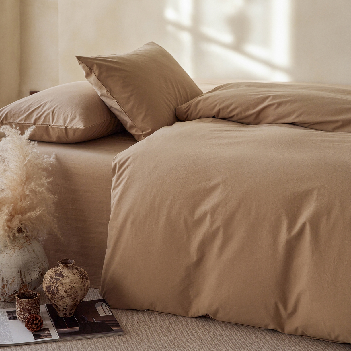 91家纺网 家纺一手货源 找家纺 轩和家居 2025新款全棉高支旧感砂洗长绒棉单被套 秋麦色